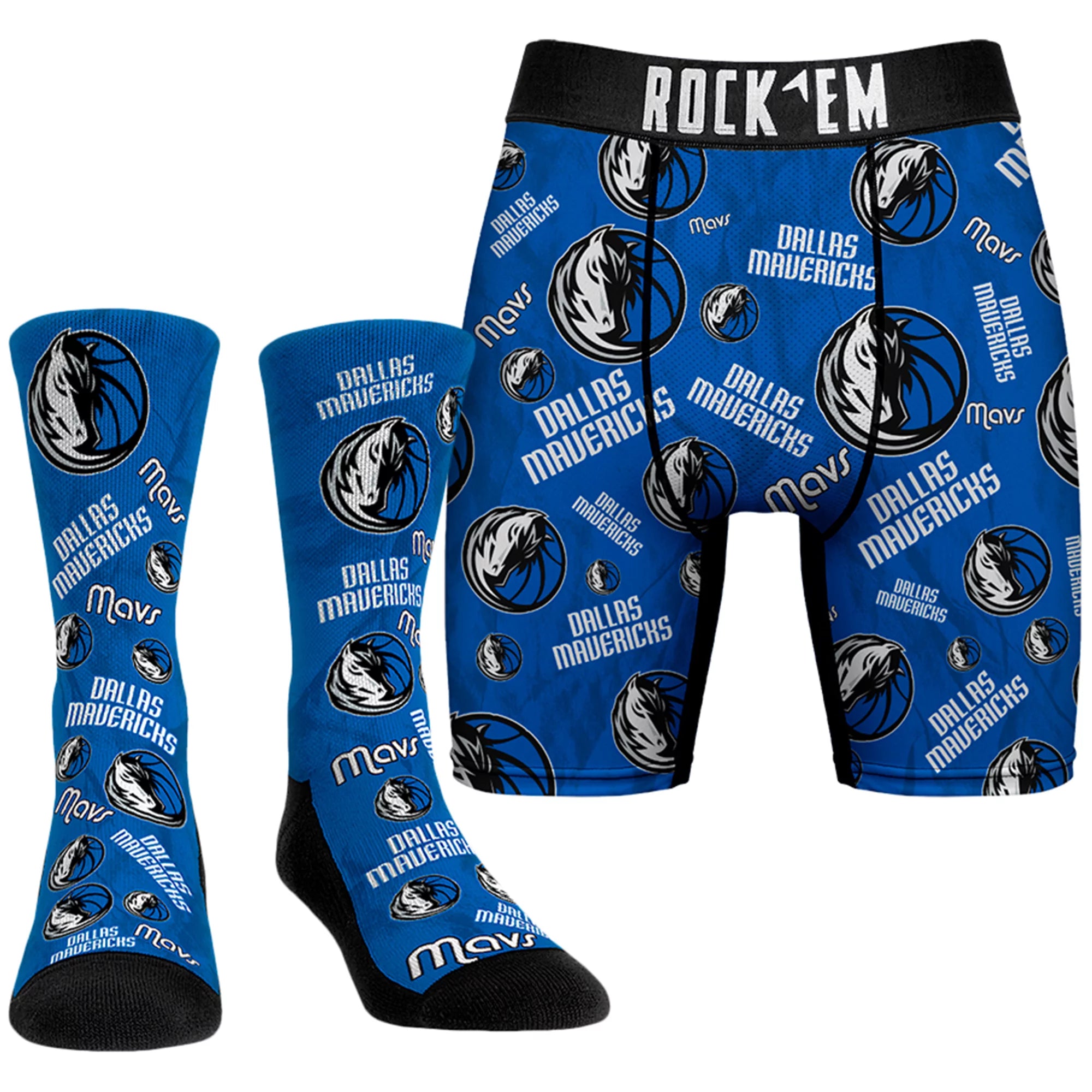 Men's Rock Em Socks Blue Dallas Mavericks All-Over Logo Boxer Briefs & Crew Socks Combo Pack