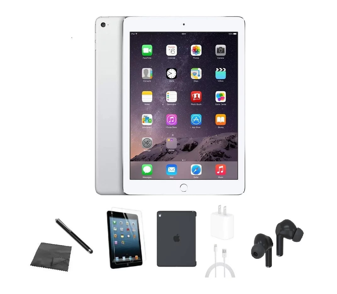 Restored Apple iPad Air 2 A1567 (WiFi + Cellular Unlocked) 64GB Silver Bundle w/ Case, Bluetooth Earbuds, Tempered Glass, Stylus, Charger (Refurbished)