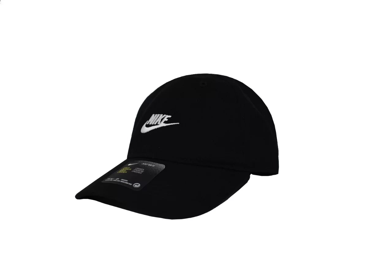 Nike Children's Embroidered Swoosh Logo Cotton Curve Brim Cap (Black with Embroidered White Signature Swoosh Logo) Kids 4-7