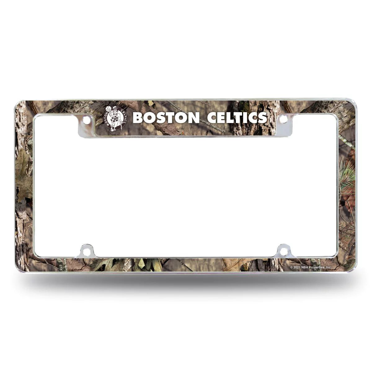 Boston NBA Celtics Chrome Metal License Plate Frame with Bold Mossy Oak Camouflaged Camo Design