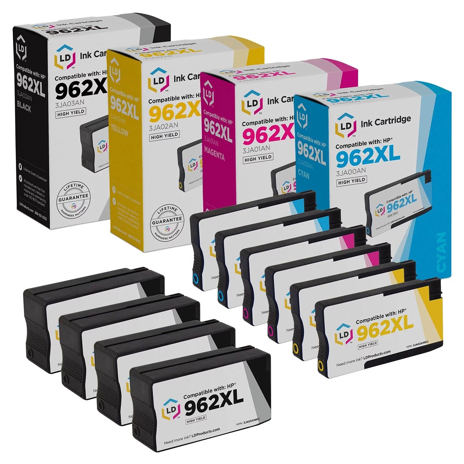 Ld remanufactured replacements for HP 962xl high yield cartdges: 4 3ja03an black, 2 3ja00an cyan, 2 3ja01an magenta, 2 3ja02an yellow for officejet pro 9025, 9020, 9018, 9015, 9010