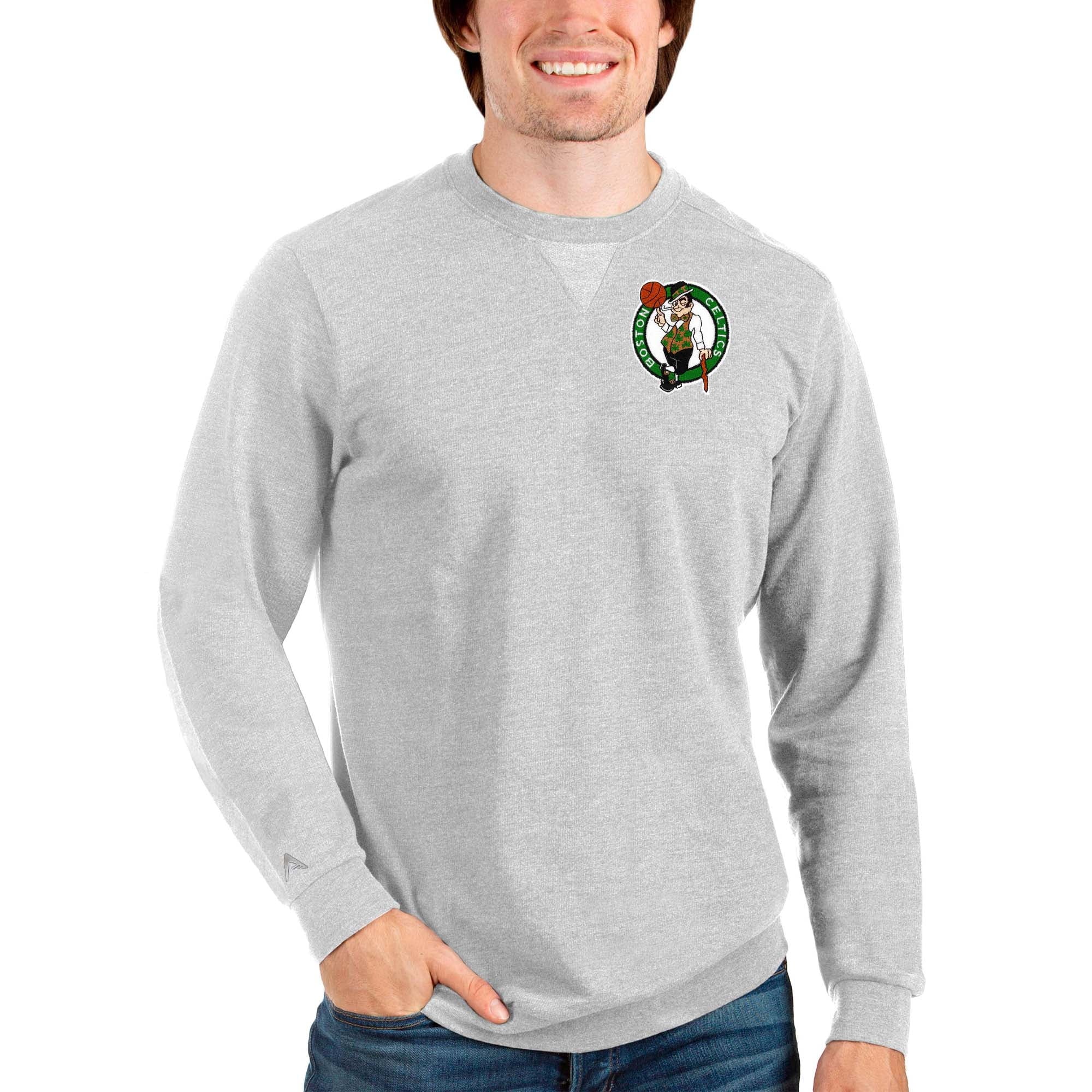 Men's Antigua Heathered Gray Boston Celtics Reward Crewneck Pullover Sweatshirt