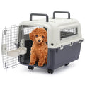 Magshion 27 Pet Carrier Breathable Cage Tote Transport Box Dog Kennel with Dual Bowls & Wheels for Cats Kitten, Airline Approved, White/Grey