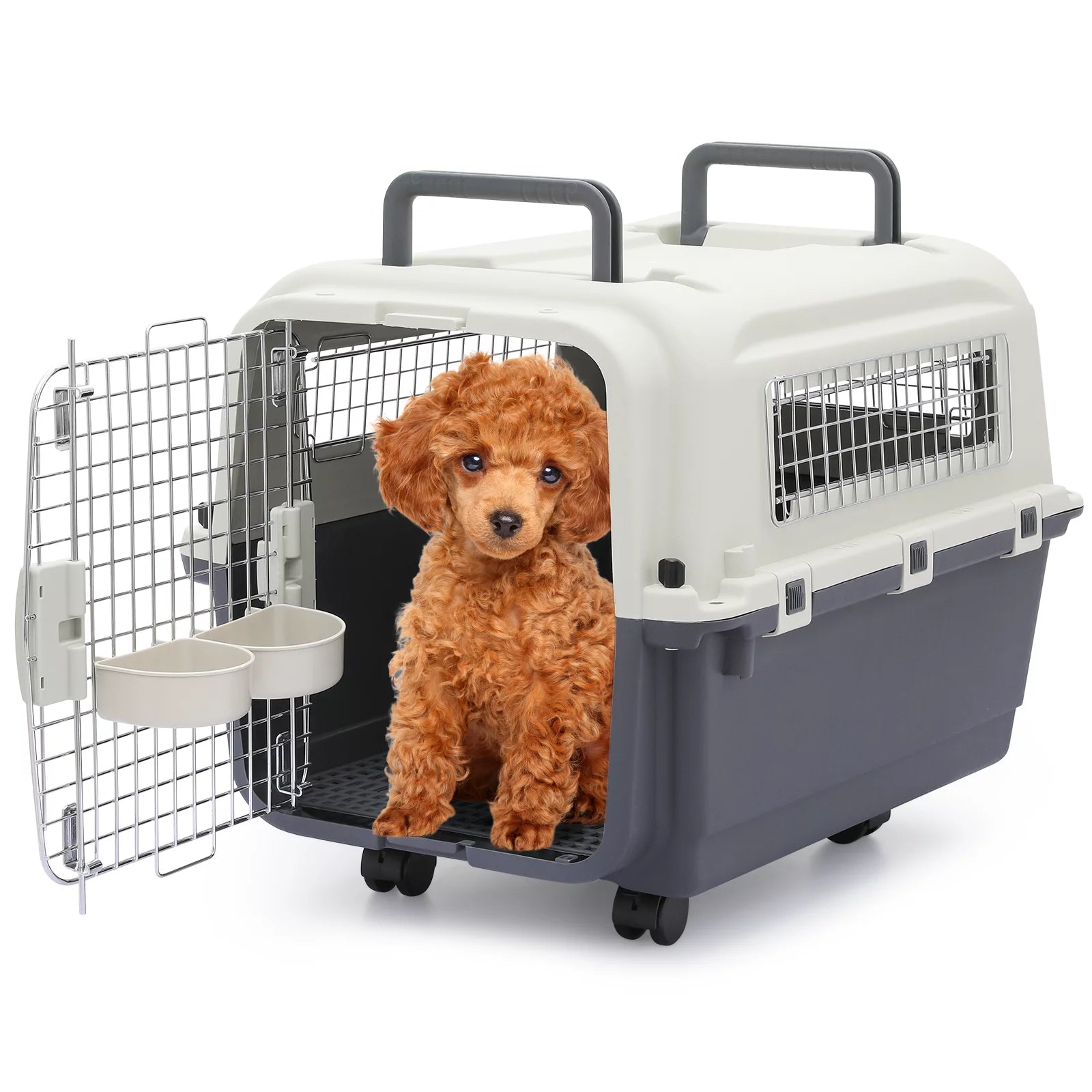 Magshion 27 Pet Carrier Breathable Cage Tote Transport Box Dog Kennel with Dual Bowls & Wheels for Cats Kitten, Airline Approved, White/Grey