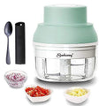 Electric Garlic Chopper Mini, Garlic Masher Mincer Crusher Pepper Chili Nuts Meat Grinder, Food Processor Small with Garlic Peeler And Spoon ( 100ML/3.3FL OZ, Green )