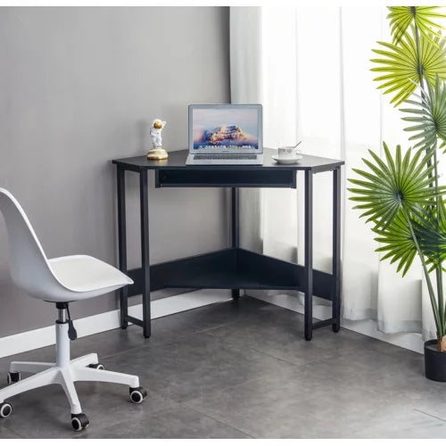 LANTRO JS Computer Desk, Corner Desk With Smooth Keyboard Tray& Storage Shelves, Compact Home Office, Small Desk With Sturdy Steel Frame As Workstation For Small Space, BLACK, 28.34''L 24''W 30.11''H