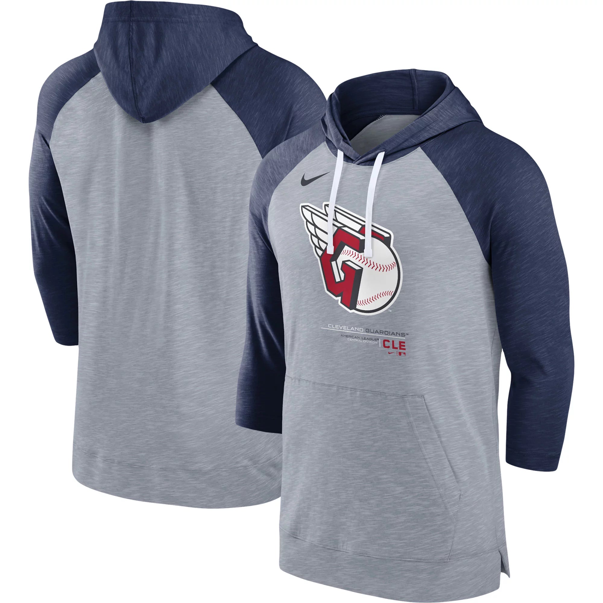 Men's Nike Heather Gray/Heather Navy Cleveland Guardians Baseball Raglan 3/4-Sleeve Pullover Hoodie