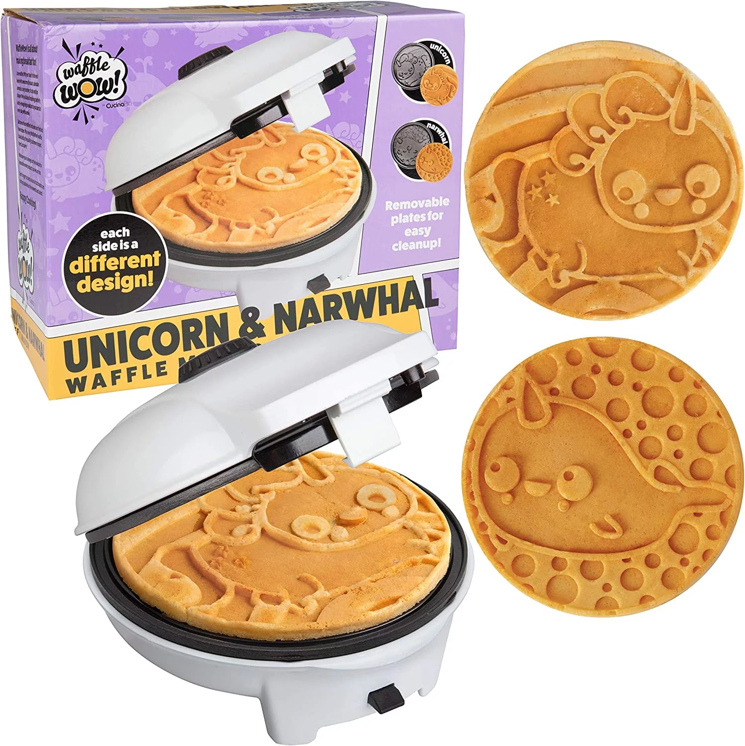 Narwhal Electric Waffle Maker w Removable Unicorn Plate for Easy Cleanup- Makes 8 Waffles or Pancakes that Bring Kids Breakfast Smiles- Non-Stick Waffler Griddle, Adjustable Temp Control, Girls Gift