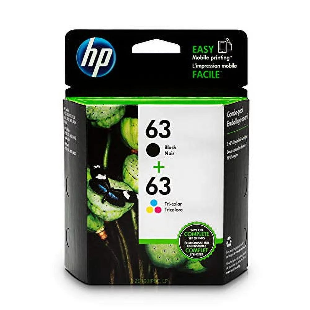 HP 63 Black & Tri-color Ink Cartridges, 2 Cartridges (F6U61AN, F6U62AN) for HP Deskjet 1112 2130 2132 3630 3632 3633 3634 3636 3637 HP ENVY 4512 4513 4520 4523 4524 HP Officejet 3830 3831 3833 4650