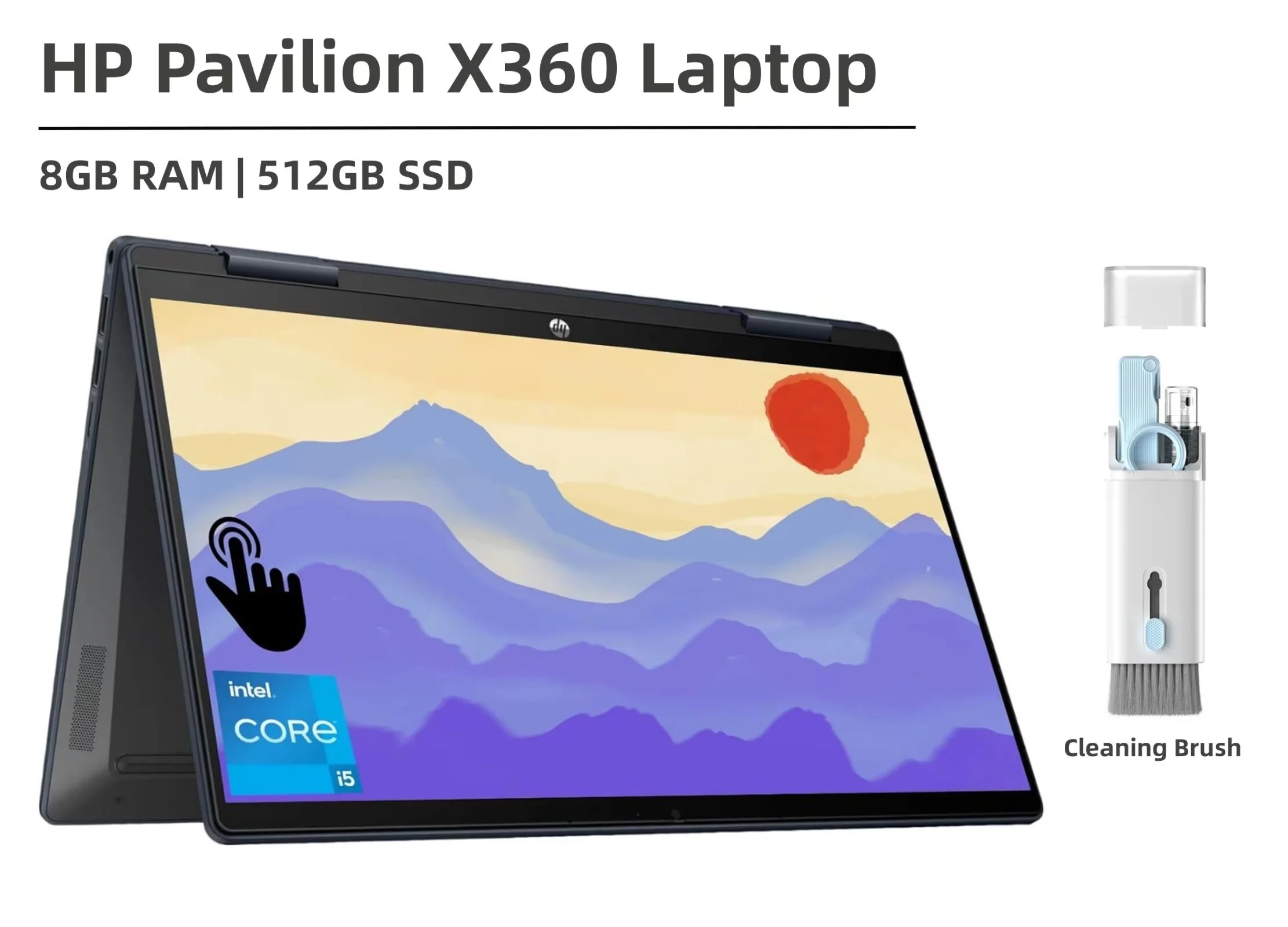 HP Pavilion x360 Touchscreen Laptop, 14 2-in-1 Laptops, Intel Core i5 1235U(Beat i7-1195G7), 8GB RAM, 512GB SSD, Intel Iris Xe Graphics, WiFi, Windows 11 Home in S Mode, Cefesfy Cleaning Brush