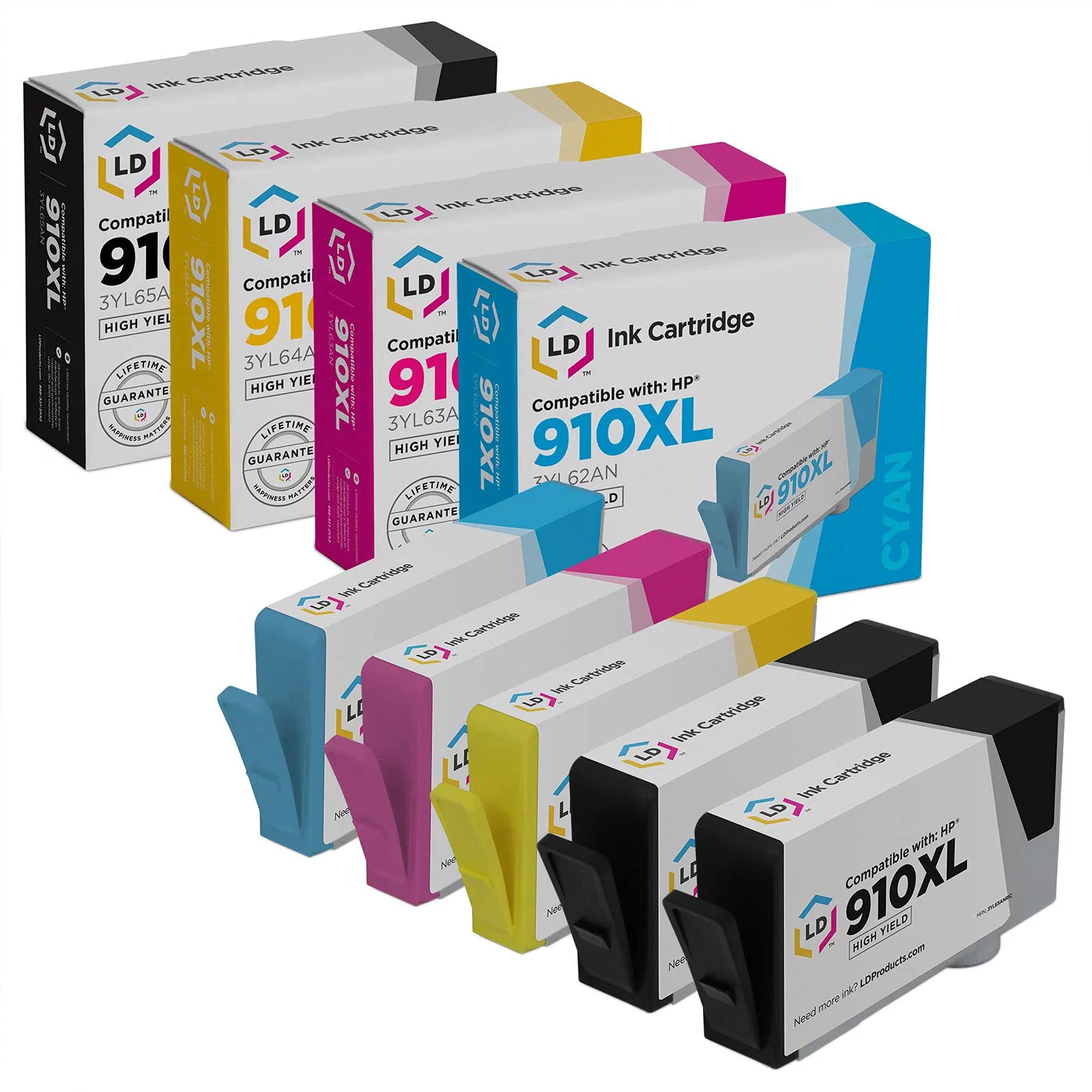 Ld remanufactured hp 910xl high yield cartdges: (2) 3yl65an black, (1) 3yl62an cyan, (1) 3yl63an magenta, (1) 3yl64an yellow 5-pack for officejet pro 8010, 8020, 8021, 8025, 8028, 8030, 8035