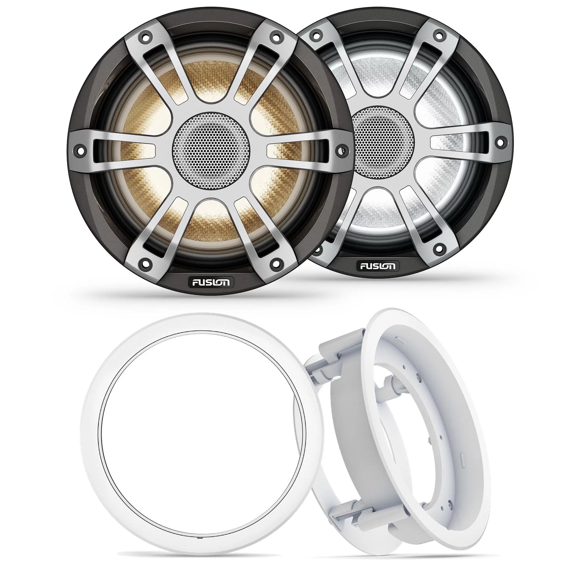 Fusion 1 pair SG-FL773SPG 7.7 Signature i3 Series RGB LED Marine Coax Gray Sport Grills with 1 Pair Fusion MS-FM77KIT 7.7 White Flush Mount Kit