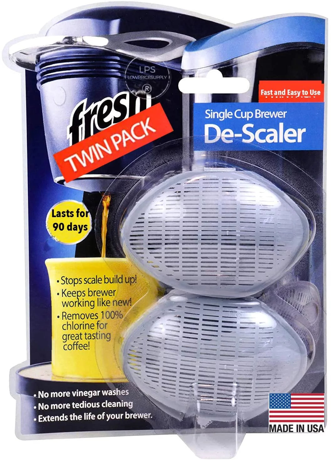 Twin Pack Single Cup Brewer De-Scaler - Works with most single cup coffee makers and Fits Keurig coffee. MADE IN USA