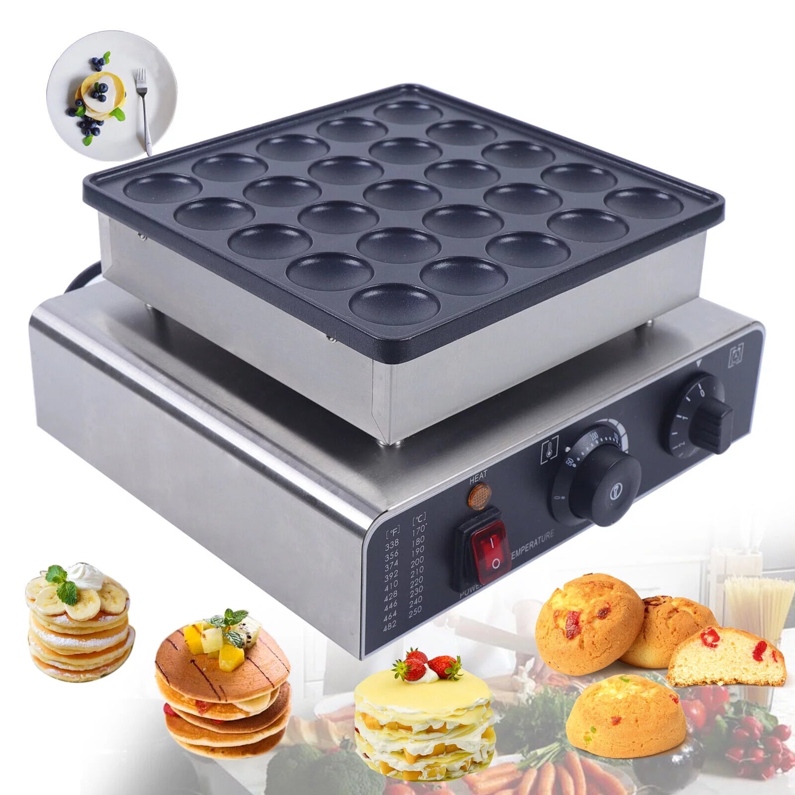 Miumaeov 110V 800W Mini Dutch Pancake Baker Maker Commercial Electric Nonstick 25pcs Mini Waffle Pancake Maker Stainless Steel for Restaurants Cafes Shops