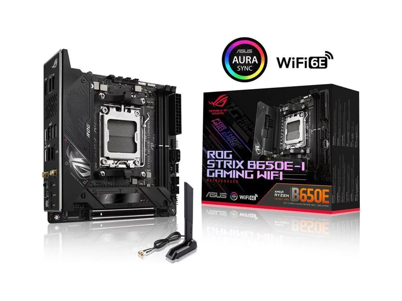 ASUS ROG STRIX B650E-I GAMING WIFI 6E Socket AM5 (LGA 1718) Ryzen 7000 Mini-ITX Gaming Motherboard (PCIe 5.0, DDR5, 10 + 2 Power Stages, two M.2 slots, USB 3.2 Gen 2x2 Type-C rear I/O port, Onboard Wi