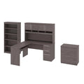 Bestar Innova 60 L-Shaped Desk with Hutch File and Bookcase in Bark Gray