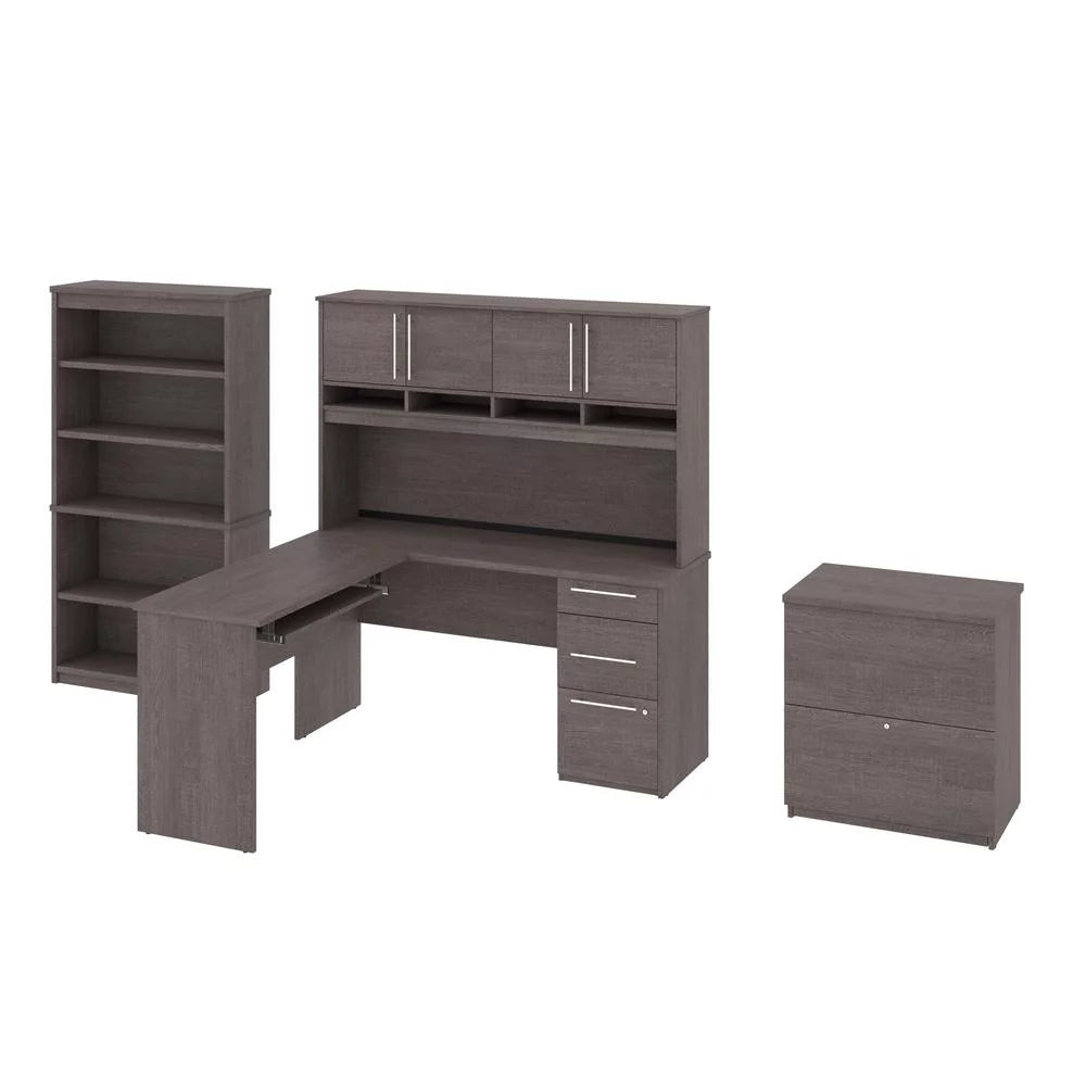 Bestar Innova 60 L-Shaped Desk with Hutch File and Bookcase in Bark Gray