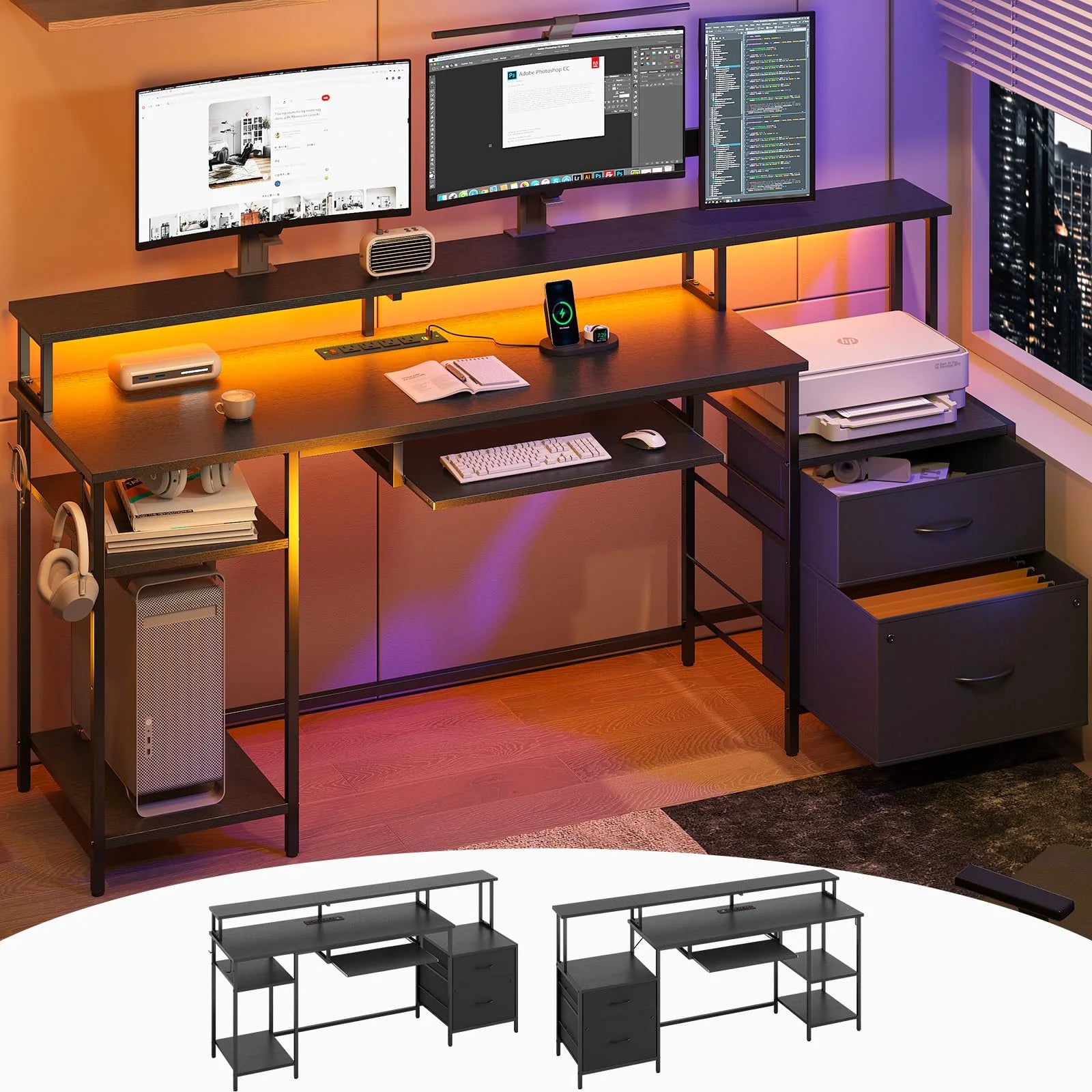 Computer Desk with Power Outlets and LED Light, Reversible Gaming Desk with File Cabinet and Monitor Stand, Black