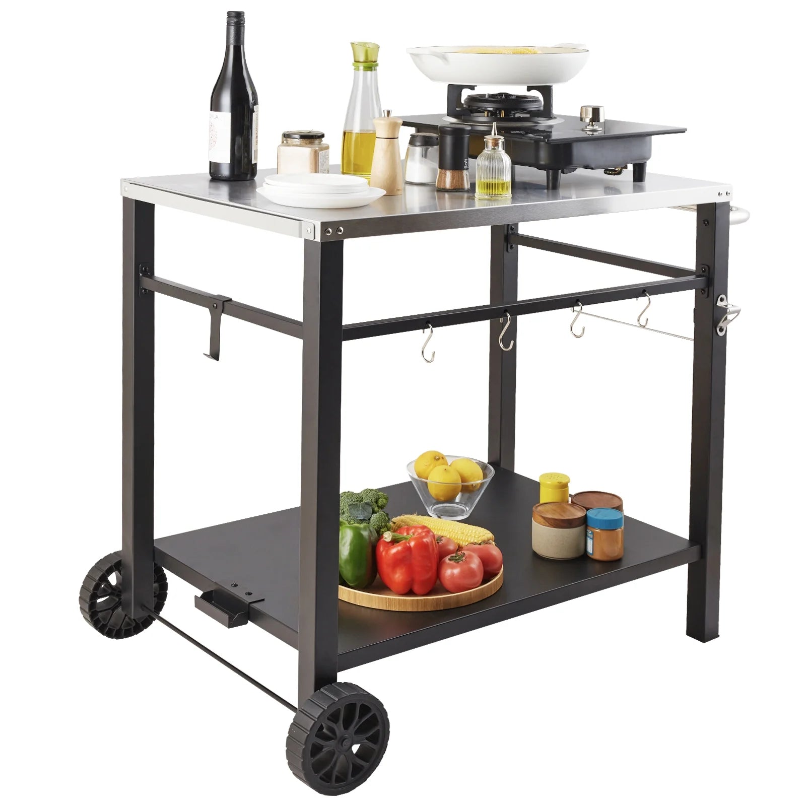 SKYSHALO Double-Shelf BBQ Outdoor Grill Dining Cart Movable Food Prep Trolley Patio