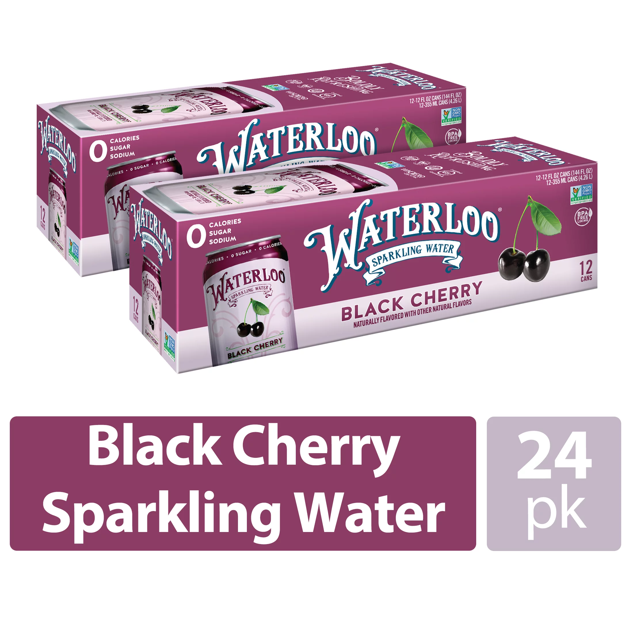 Waterloo Sparkling Water, Black Cherry, 12 fl oz, 24 Pack Cans