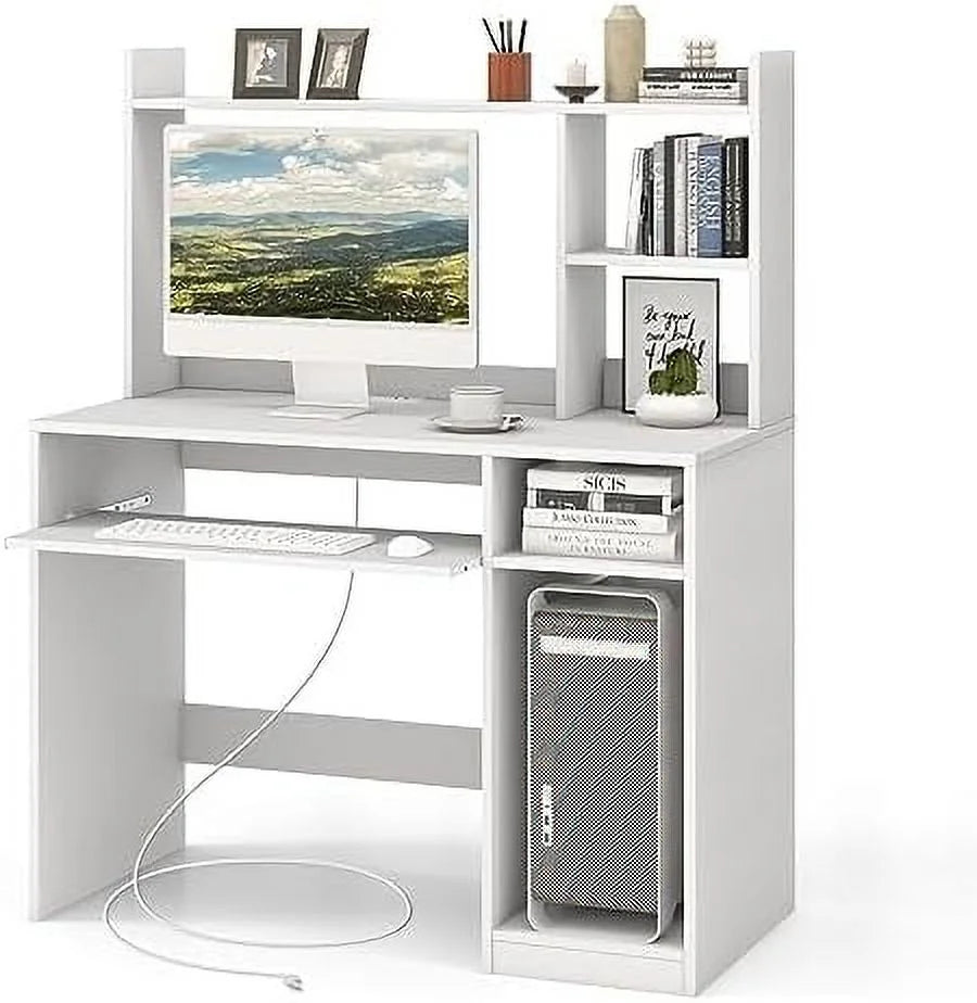 TJUNBOLIFE White Desk with Hutch &amp;Charging Station  Home Office Desk with Keyboard Tray &amp; CPU Stand  Modern Laptop PC Desk  Space-Saving Writing Study Desk with Bookshelf  Ideal f