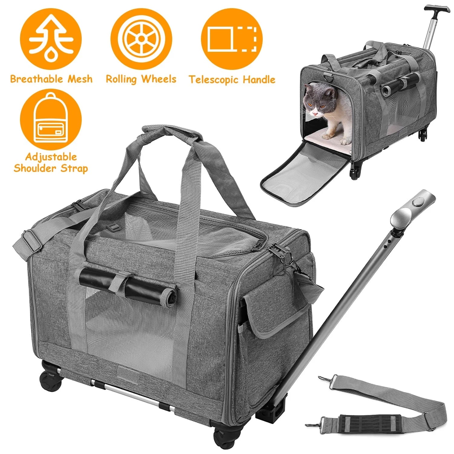 iMounTEK Cat Dog Carrier with Wheels Rolling Pet Carrier with Telescopic Handle Shoulder Strap, Grey
