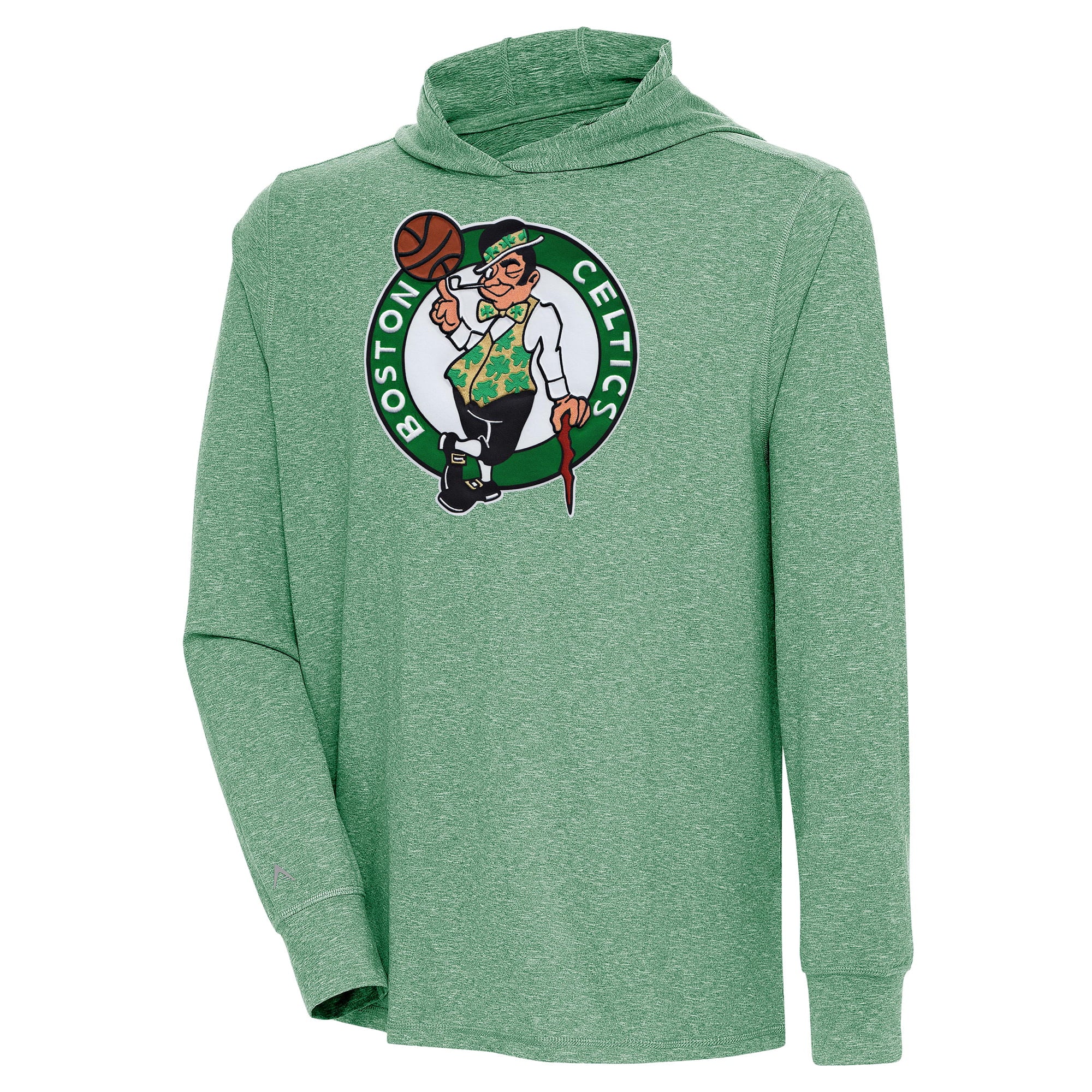 Men's Antigua  Hunter Green Boston Celtics Saga Long Sleeve Hoodie T-Shirt