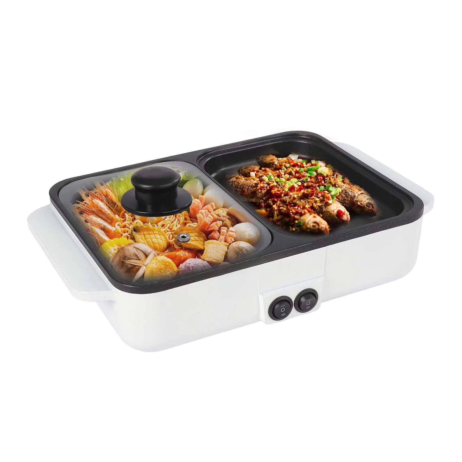 Oukaning Mini 2-IN-1 Electric Hot Pot BBQ Grill Nonstick Griddle Shabu Cooking Pan 110V White