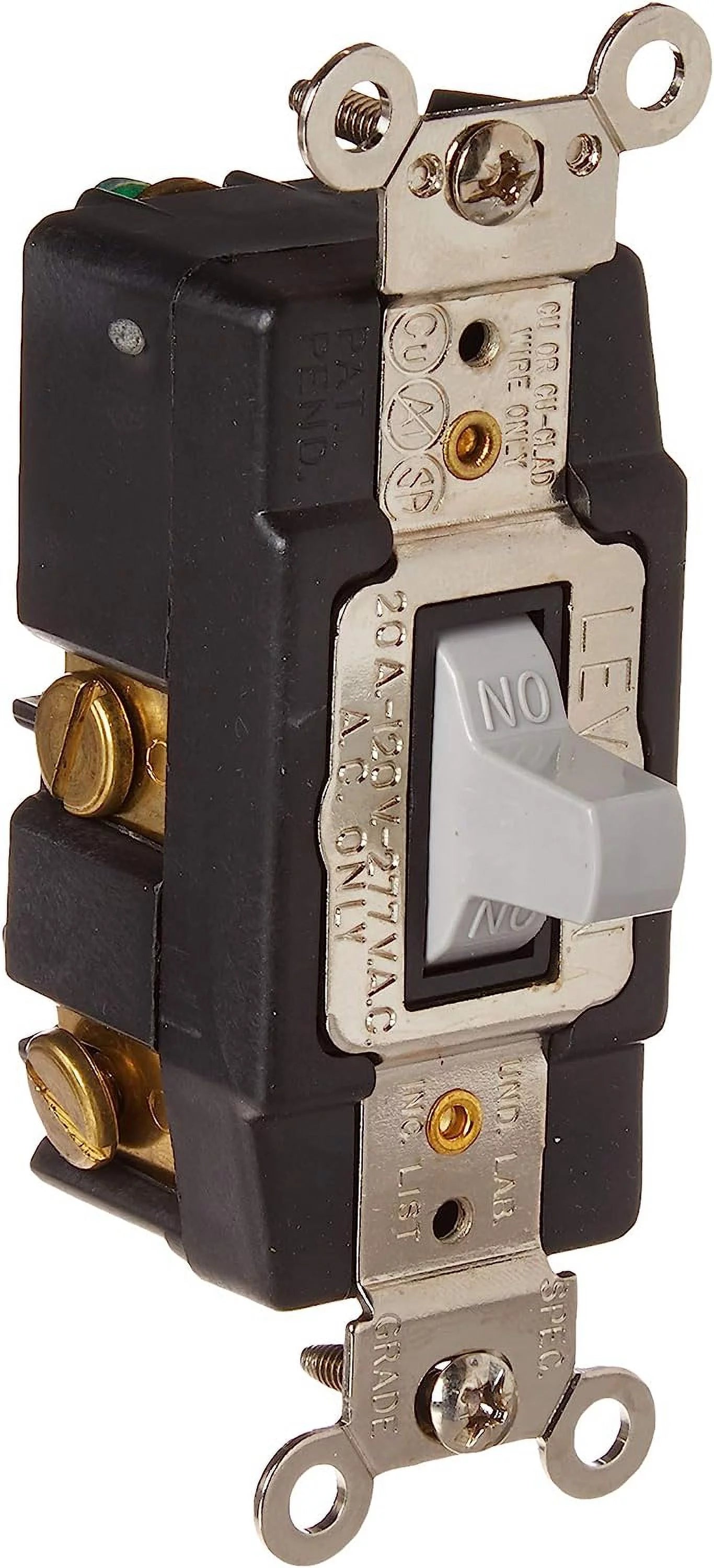 Leviton 1257-GY 20 Amp, 120/277 Volt, Toggle, Double Throw, Center Off, Momentary Contact, Single-Pole AC Quiet Switch, Industrial Grade, Grounding, Gray