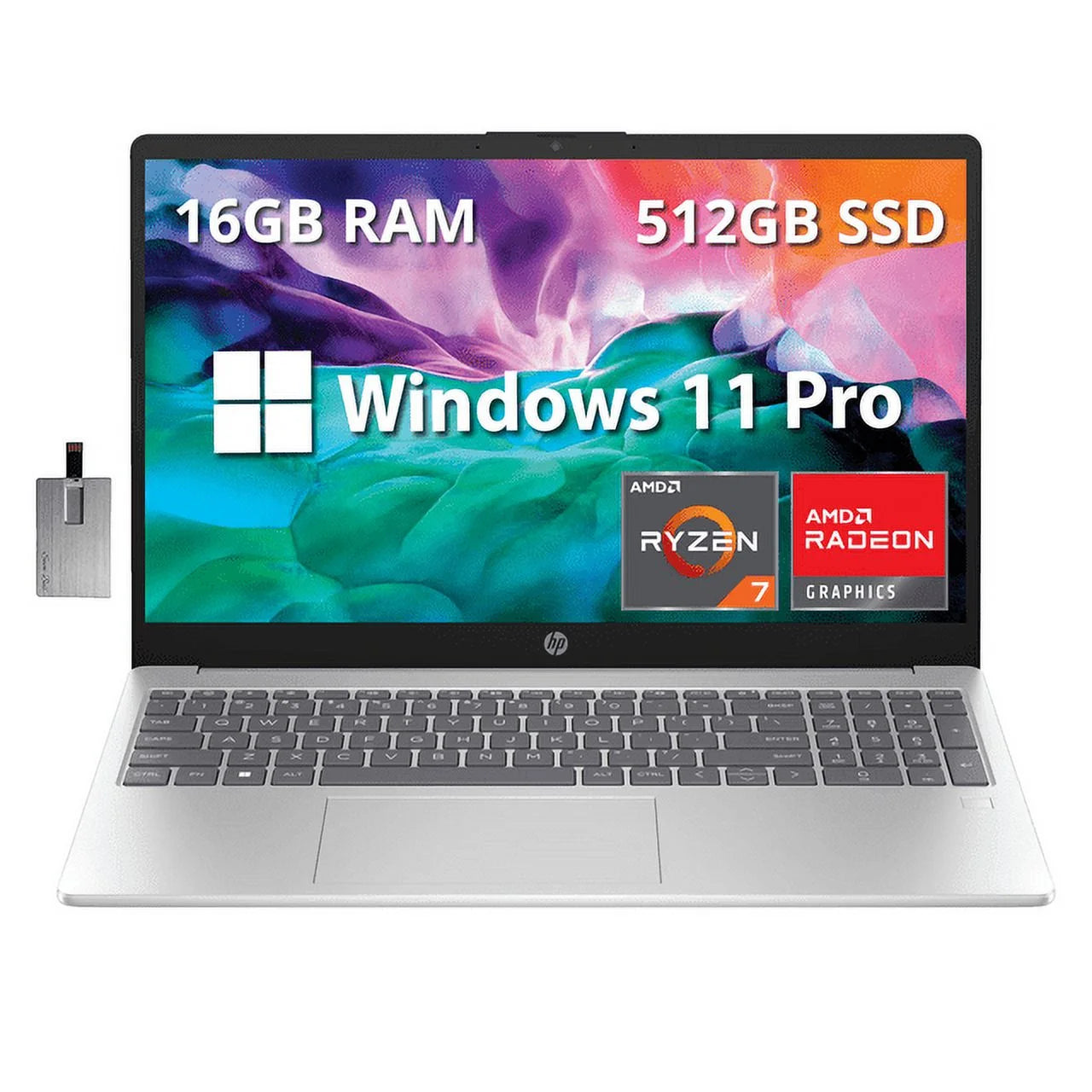 HP 15.6 FHD Laptop, AMD Ryzen 5 7520U Processor, 16GB RAM, 512GB PCIe SSD, AMD Radeon Graphics, HD Webcam, Windows 11 Pro, Natural Silver, 32GB Hotface USB Card
