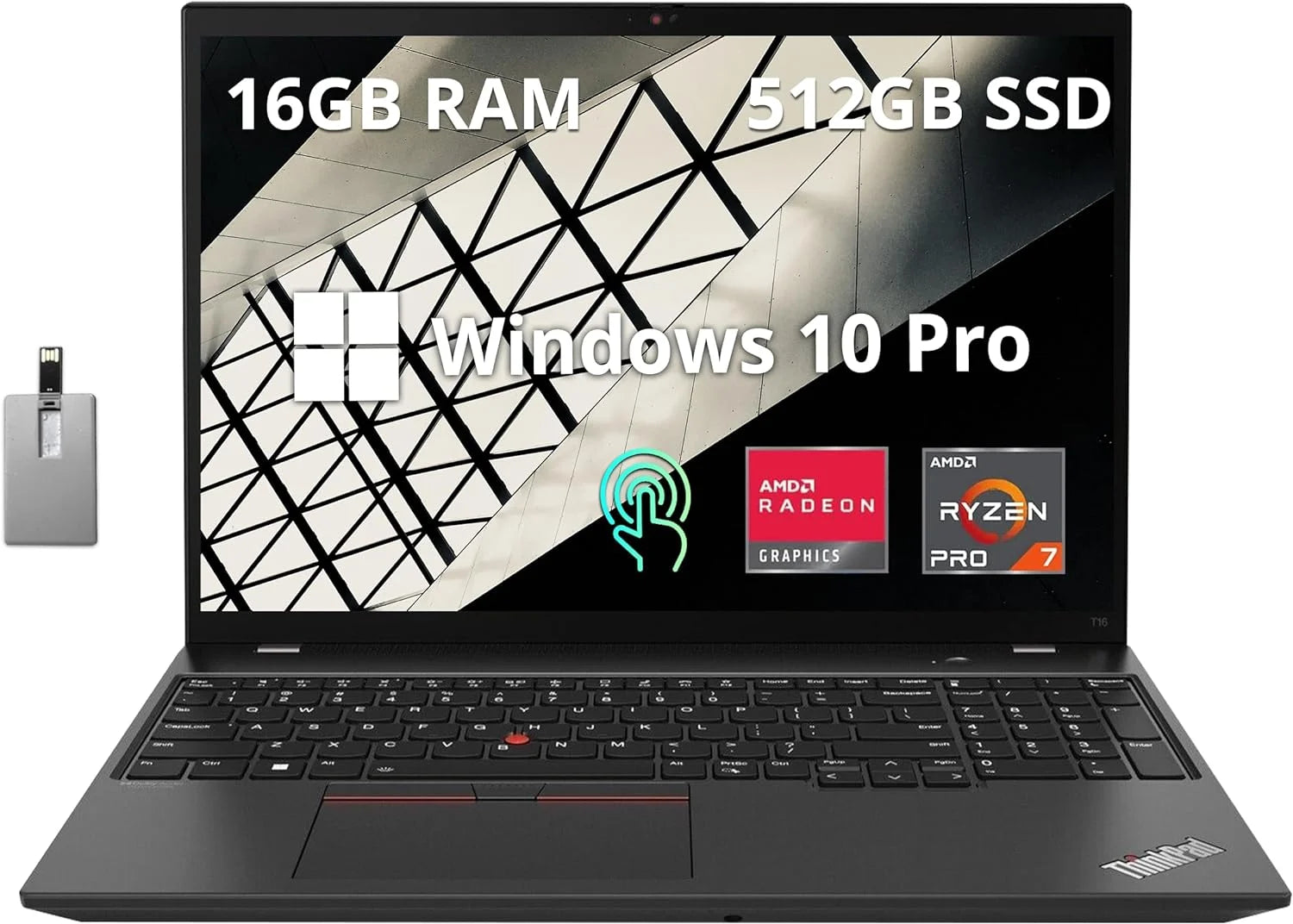 Lenovo Thinkpad T16 Gen 1 16 WUXGA Touchscreen Laptop, AMD Ryzen 7 PRO 6850U, 16GB LPDDR5 RAM, 512GB SSD, Backlight Keyboard, Fingerprint Reader, Win 10 Pro, Black, Hotface 32GB USB Card