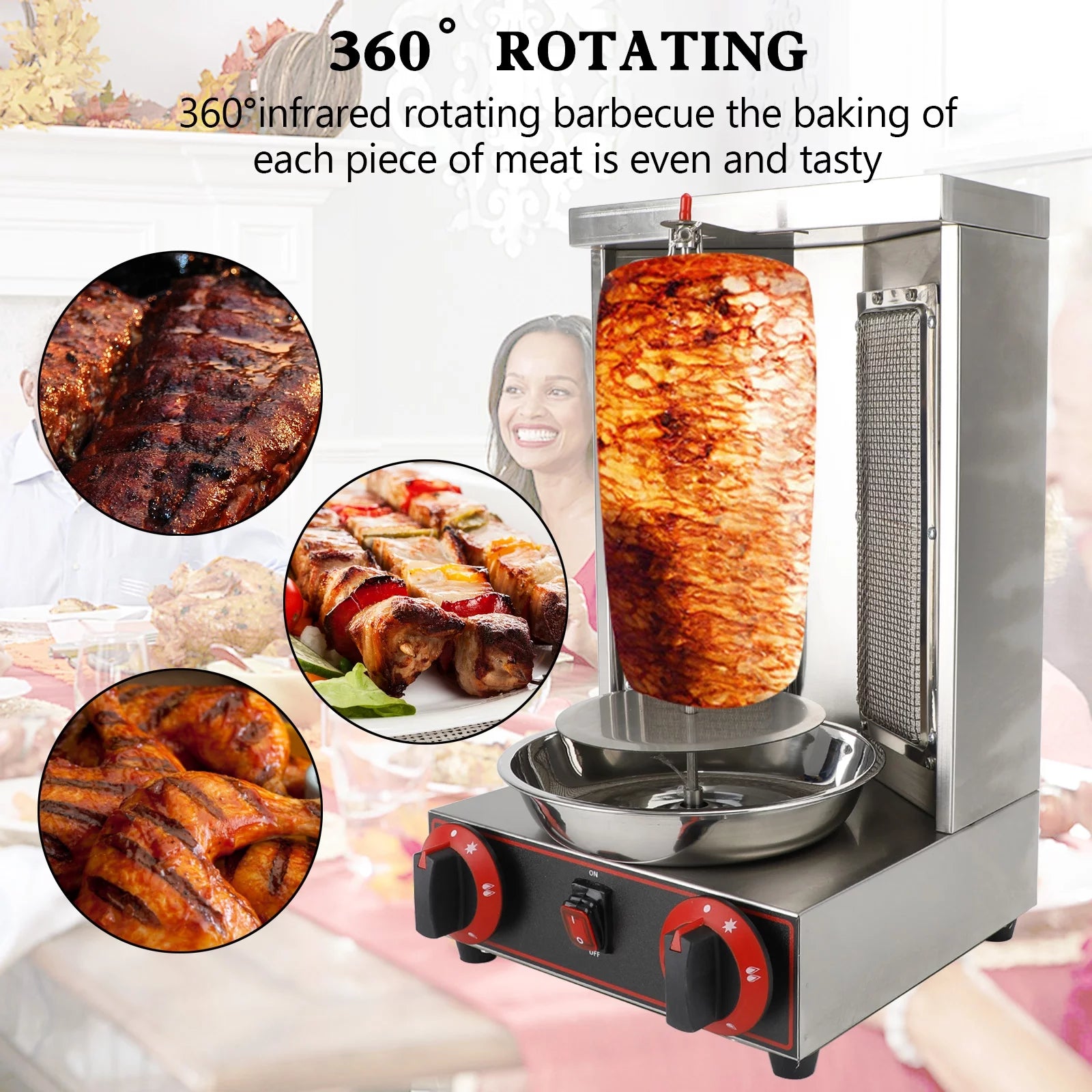 Motor Genic 110V Spinning Doner Kebab Grill Machine Gas Vertical Broiler Shawarma Machine