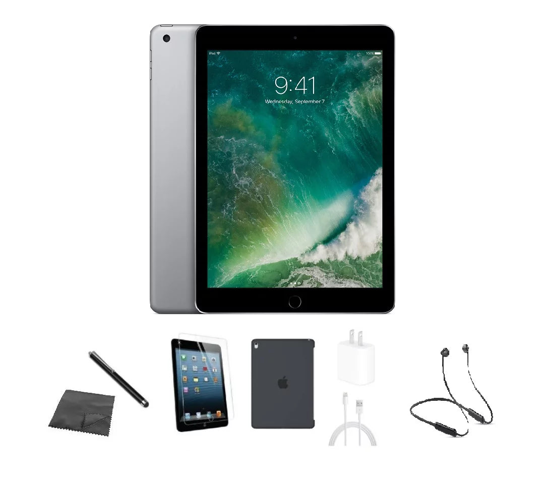 Restored Apple iPad 5th Gen A1823 (WiFi + Cellular Unlocked) 32GB Space Gray Bundle w/ Case, Bluetooth Headset, Tempered Glass, Stylus, Charger (Refurbished)