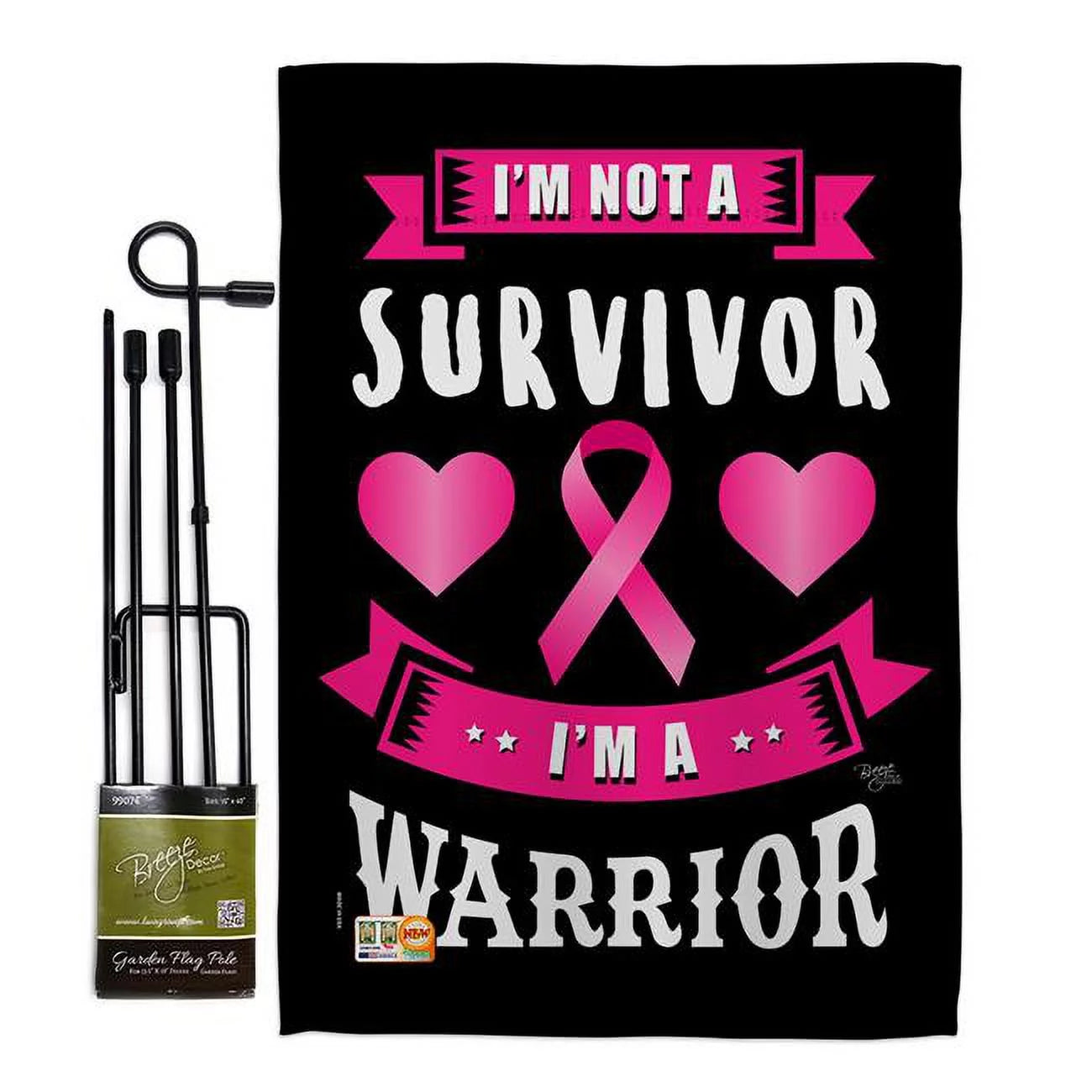 BD-ST-GS-115140-IP-BO-D-US18-BD 13 x 18.5 in. I am A Pink Warrior Inspirational Support Impressions Decorative Vertical Double Sided Garden Flag Set with Banner Pole
