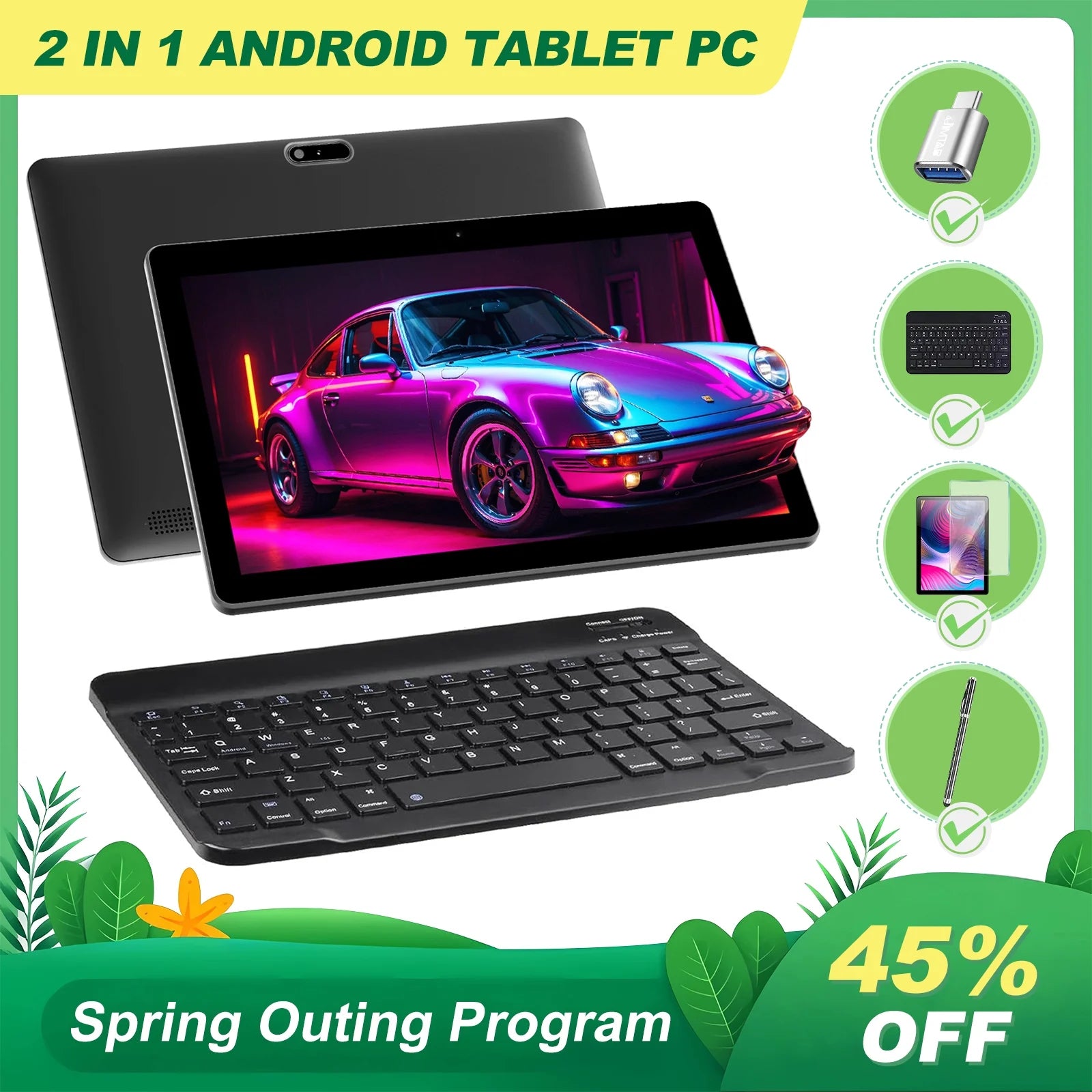 JIMTAB 2024 Android 13 Tablets Octa-Core 10 inch 2 in 1 Android Tablet, 4GB+64GB Gaming Tablet with USB Adapter, Keyboard, Stylus, Tempered Film, GPS, WiFi, Bluetooth, Google Certificated Tablet