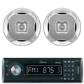 Lanzar AQMP70BTB Single DIN In Dash Bluetooth AUX USB MMC SD MP3 Boat Receiver, 2x Lanzar AQ6CXS 6.5 Marine Water Resistant 2 Way 400 Watt Silver Speakers