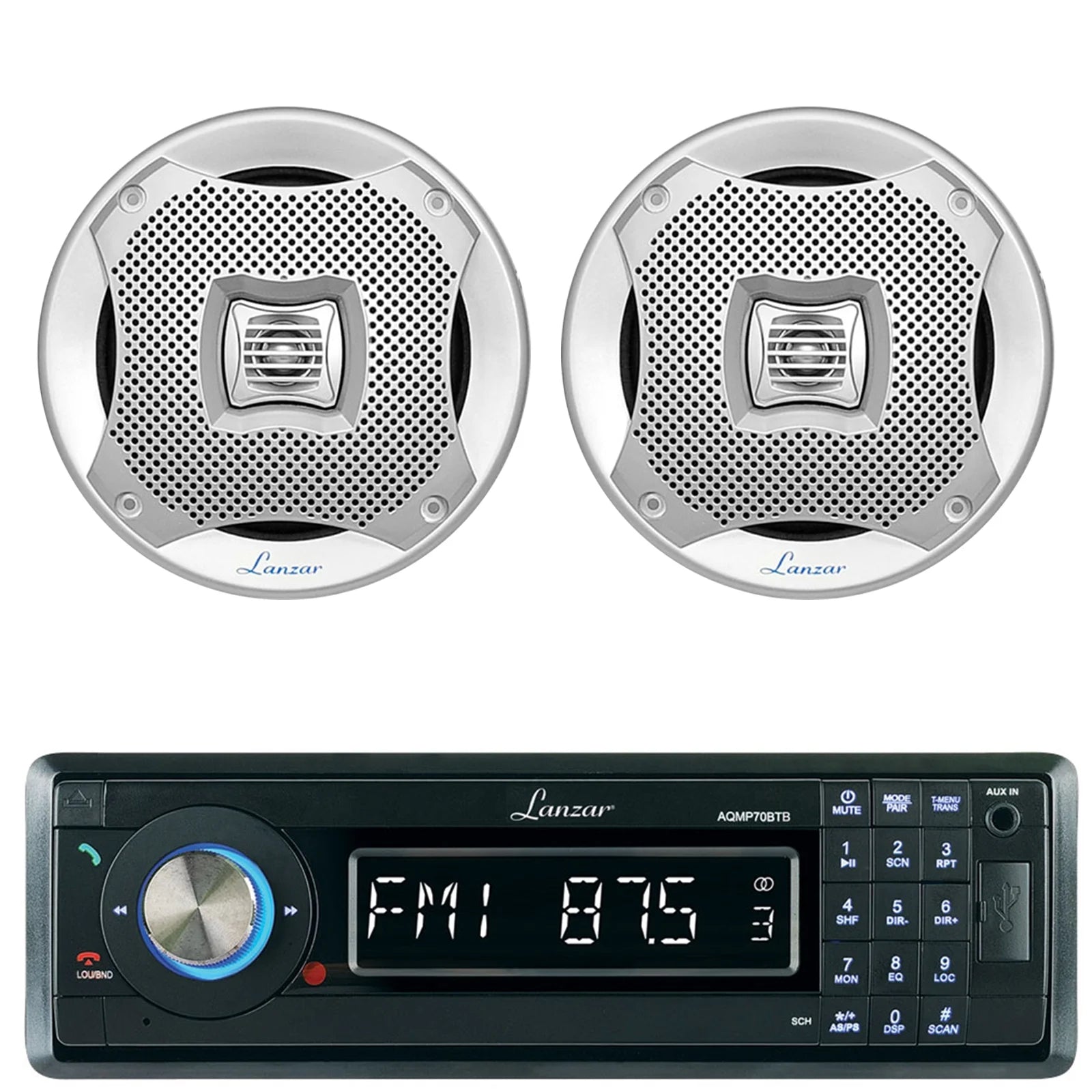 Lanzar AQMP70BTB Single DIN In Dash Bluetooth AUX USB MMC SD MP3 Boat Receiver, 2x Lanzar AQ6CXS 6.5 Marine Water Resistant 2 Way 400 Watt Silver Speakers