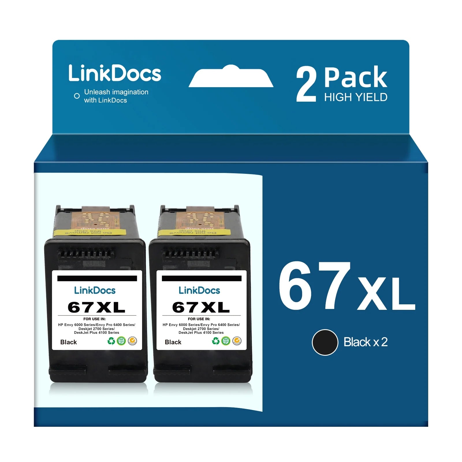LinkDocs 67XL Replacement  HP 67XL Ink Cartridges used with HP Envy 6000 6055 6055e 6052 6058 6075 Envy Pro 6400 6455 6455e 6452 6458 DeskJet 1255 2732 2752 2755 2755e 4133e 4155e Printer(2 Black)