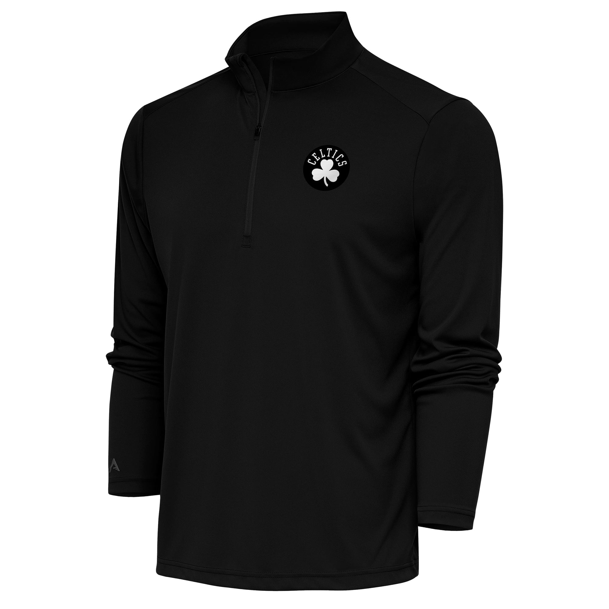 Men's Antigua Black Boston Celtics Metallic Logo Tribute Quarter-Zip Top