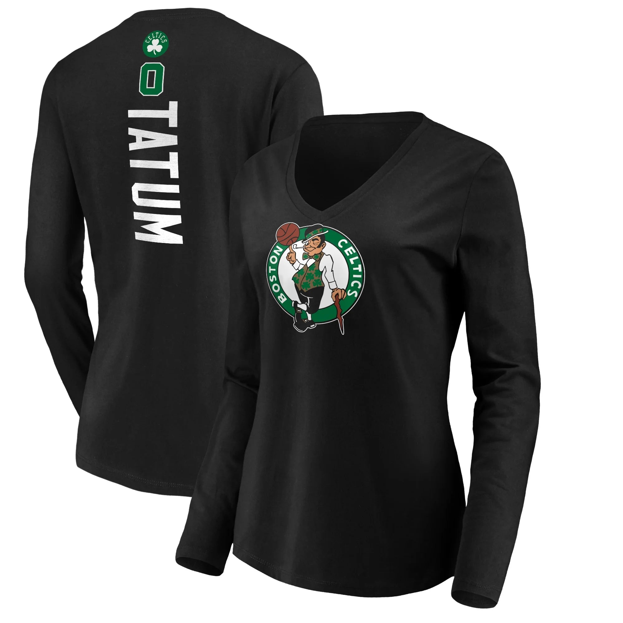 Women's Fanatics Branded Jayson Tatum Black Boston Celtics Playmaker Name & Number Long Sleeve V-Neck T-Shirt