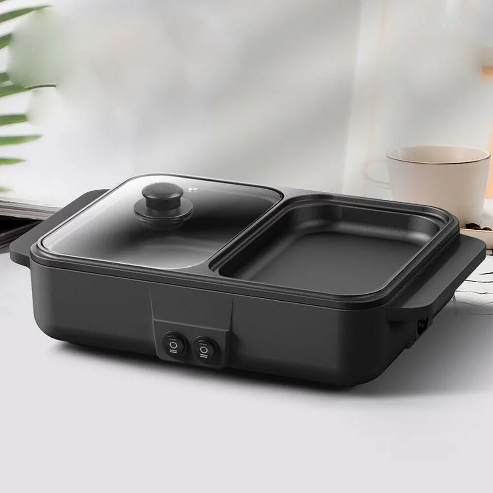 DENEST 2 in 1 Electric Barbecue Hot Pot Pan Smokeless Portable Grill Non-Stick Pan Black