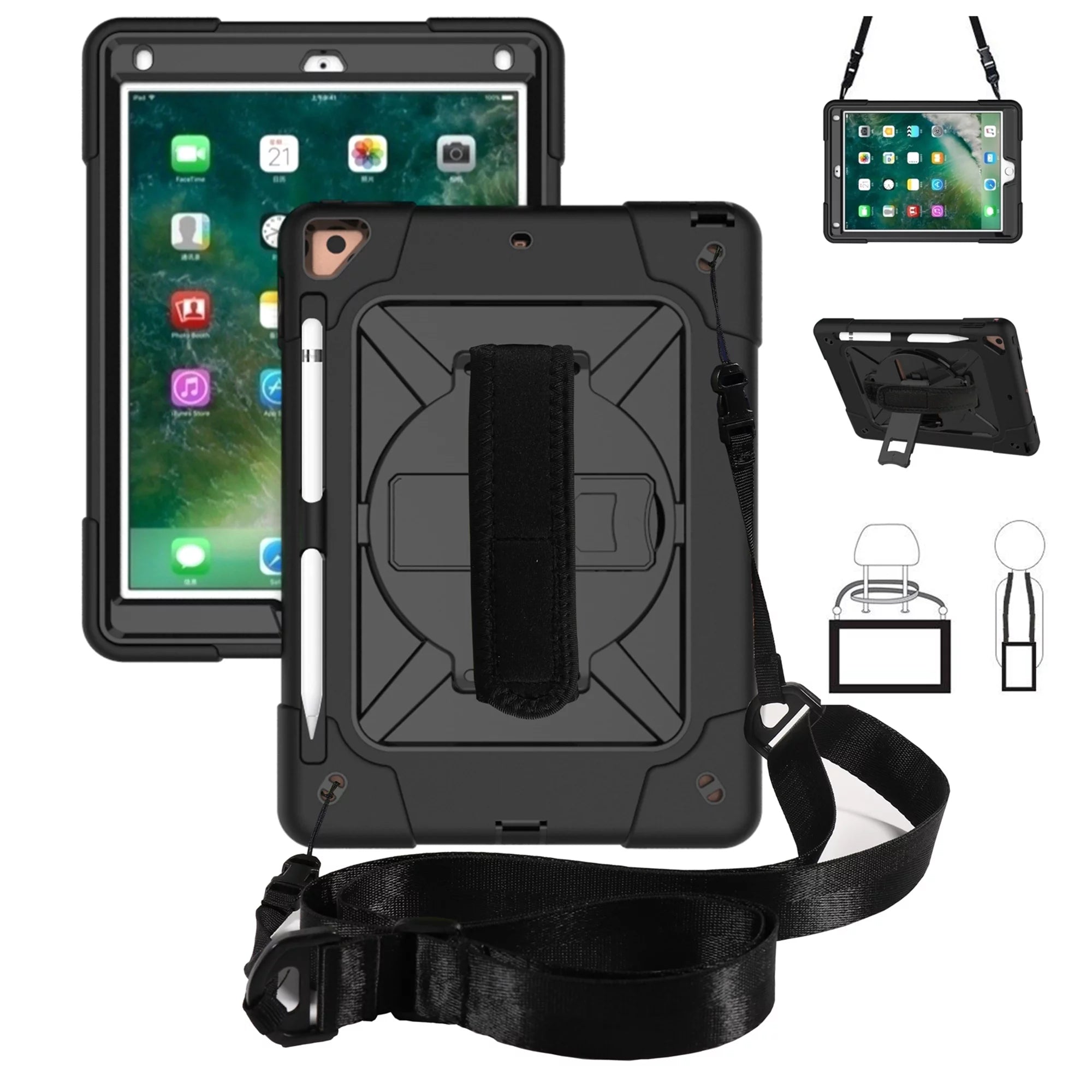 iPad Air 2 Shockproof Case, iPad Pro 9.7 Case, Dteck Heavy Duty Rugged 3 Layer Full Body Protection Case Kickstand with Shoulder Strap, Hand Strap, Black