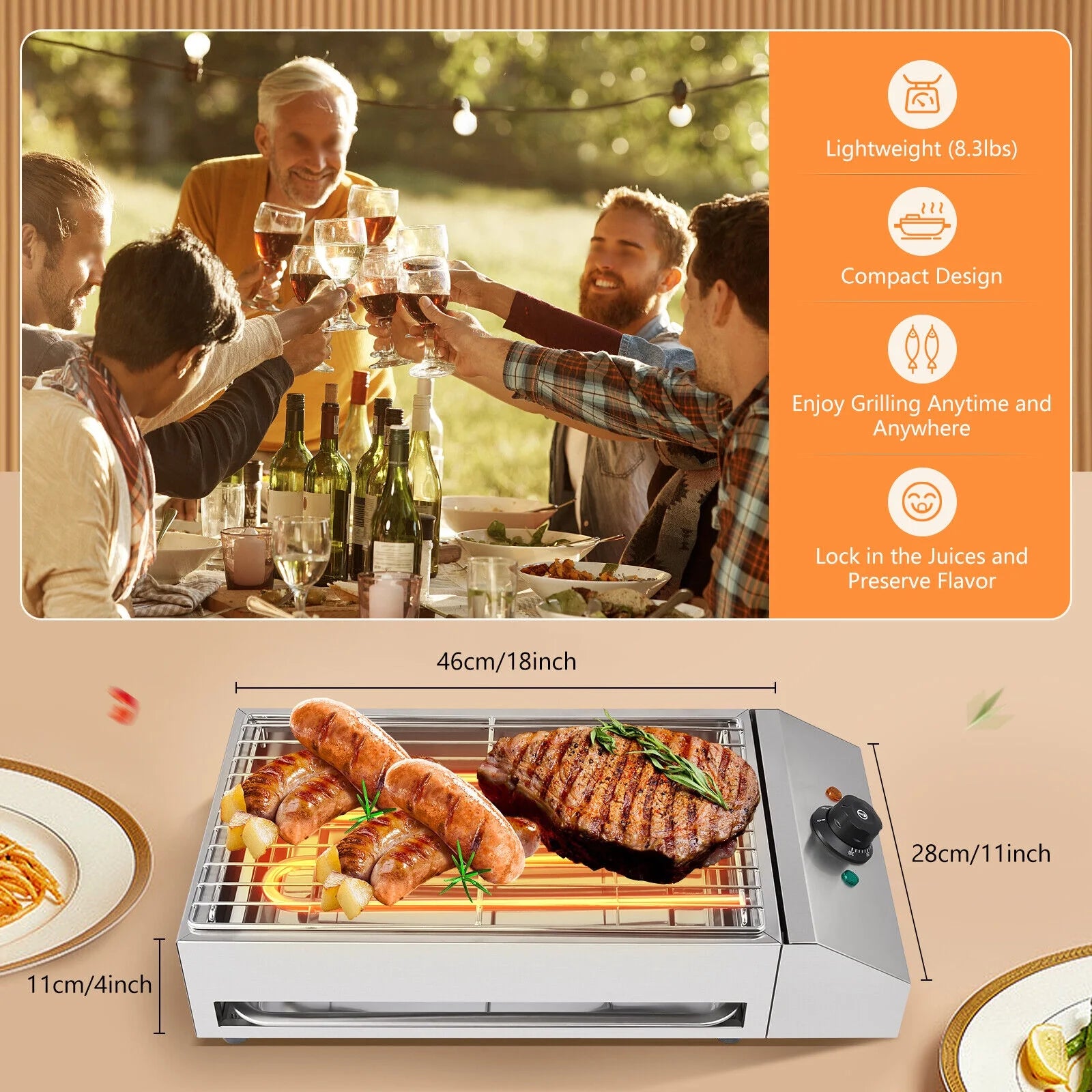 TFCFL Portable Electric Grill Smokeless Indoor Searing Grill Adjustable Temperature