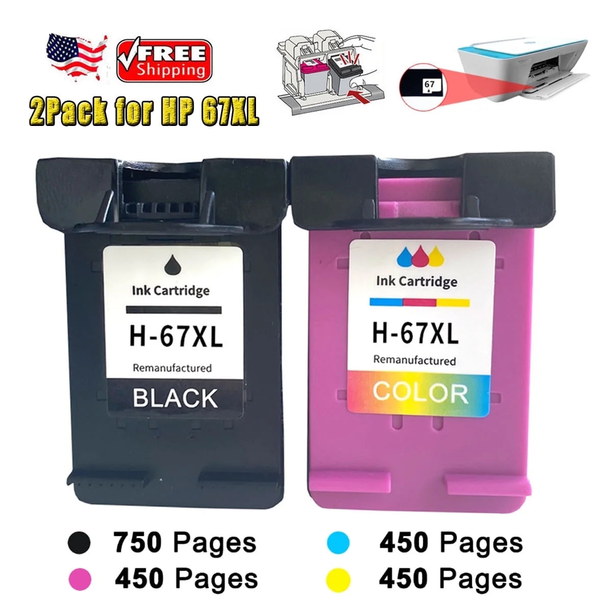 67XL Toner Cartridges for HP Deskjet 2700e 2755e 2752e 2742e Envy 6055 6000 Envy Pro 6455 6452 Deskjet Plus 4155 4152 Printer Replacement Ink