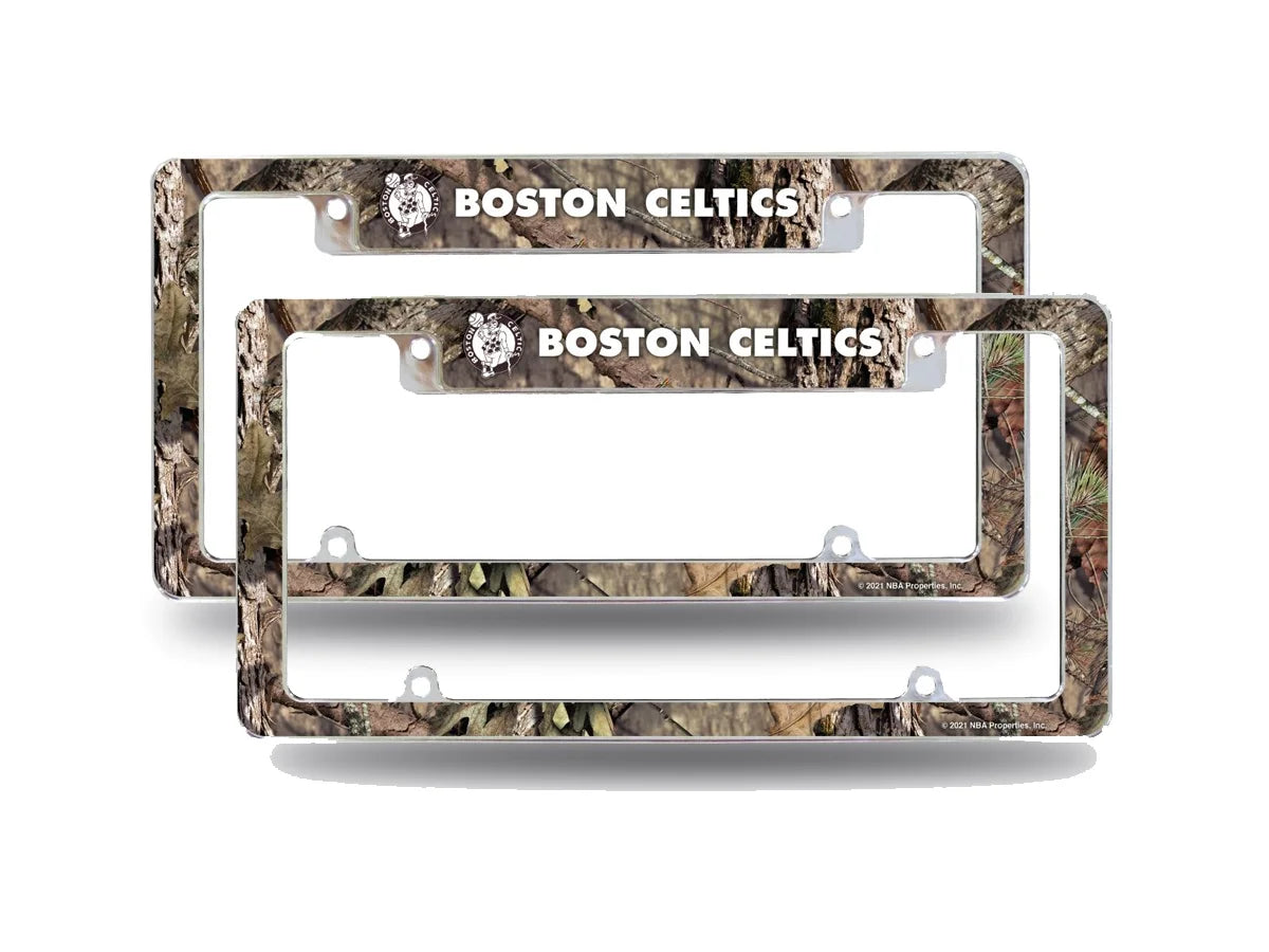 Boston NBA Celtics Chrome Metal (Set of 2) License Plate Frames with Bold Mossy Oak Camouflaged Camo Design