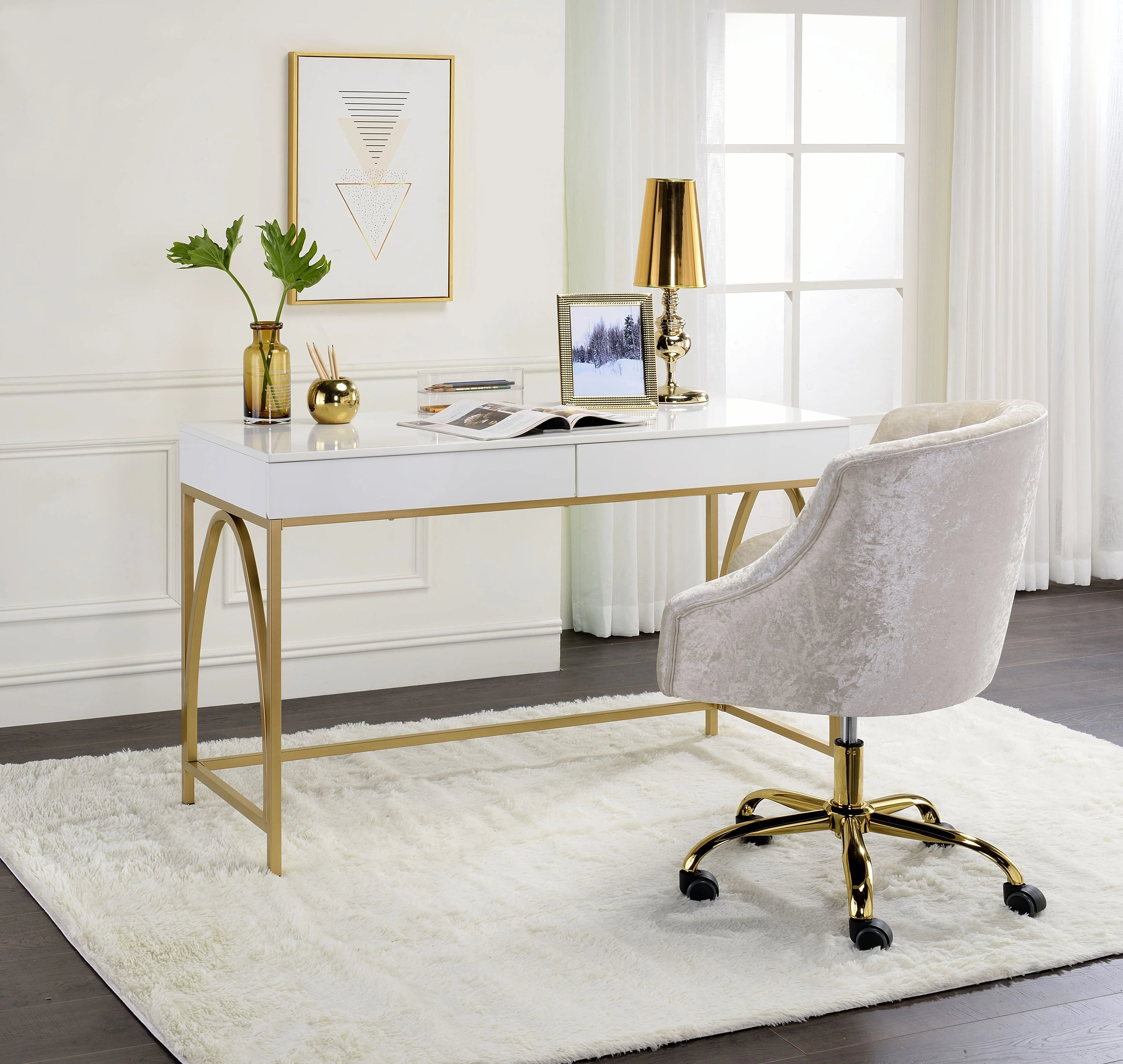 CoSoTower Desk, White High Gloss & Gold 92660