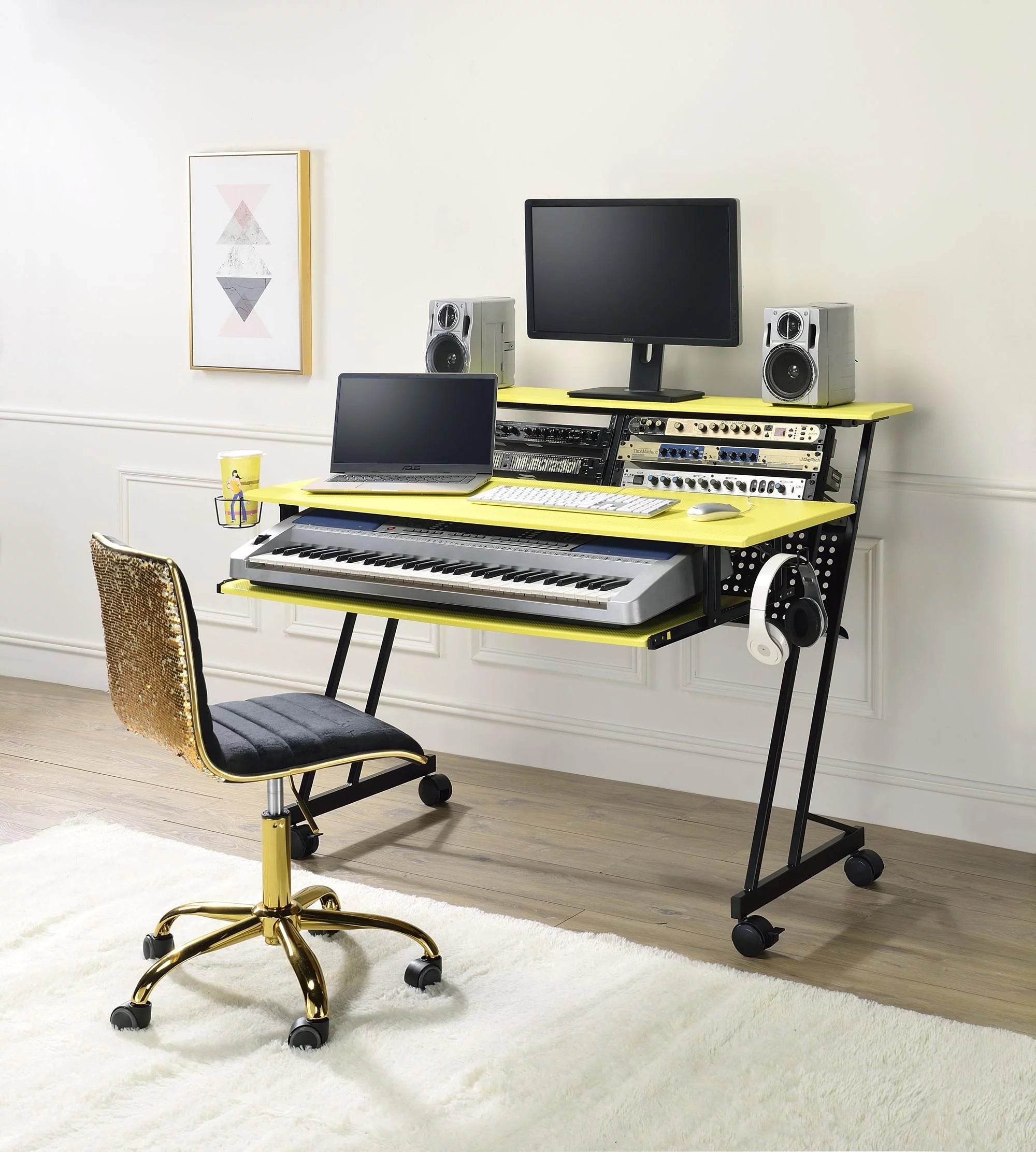 CoSoTower Suitor Music Recording Studio Desk,Suitor Computer Desk, Yellow & Black