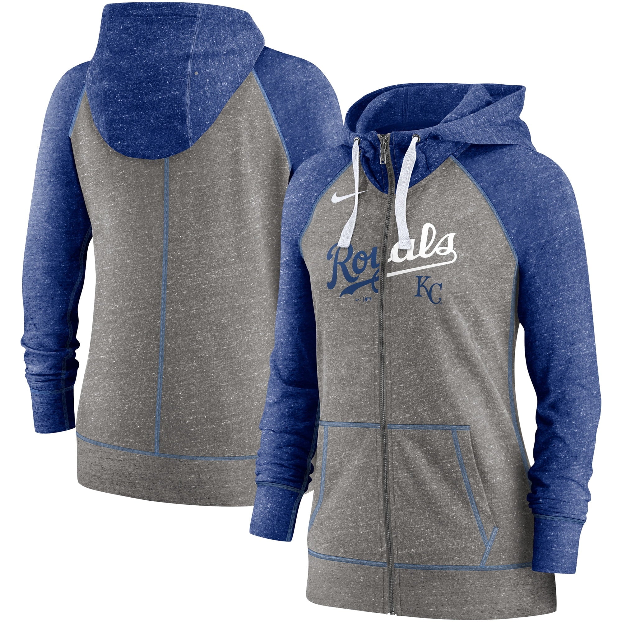 Women's Nike Heather Charcoal/Heather Royal Kansas City Royals Split Wordmark Gym Vintage Raglan Lightweight Full-Zip