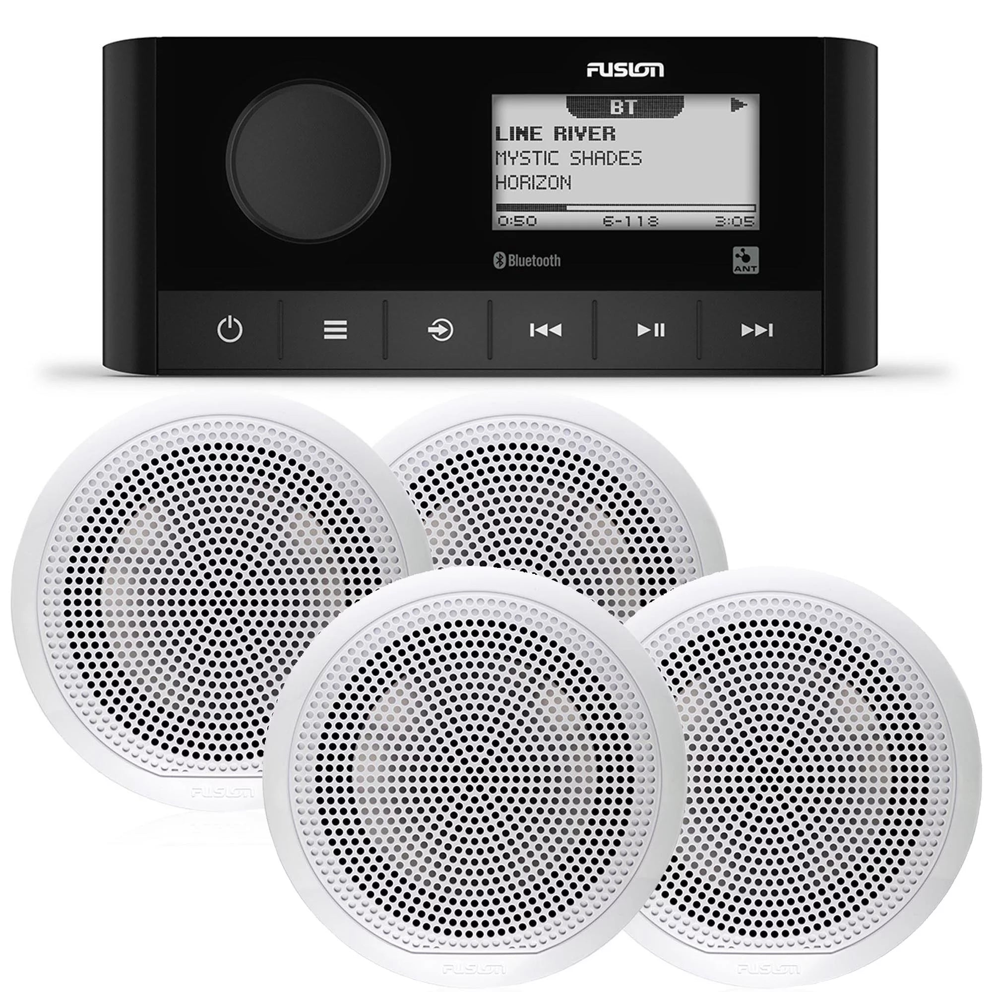 Fusion MS-RA60 Marine Receiver with Fusion 2 Pairs EL-F651W 6.5 Marine Speakers with White Classic Grills