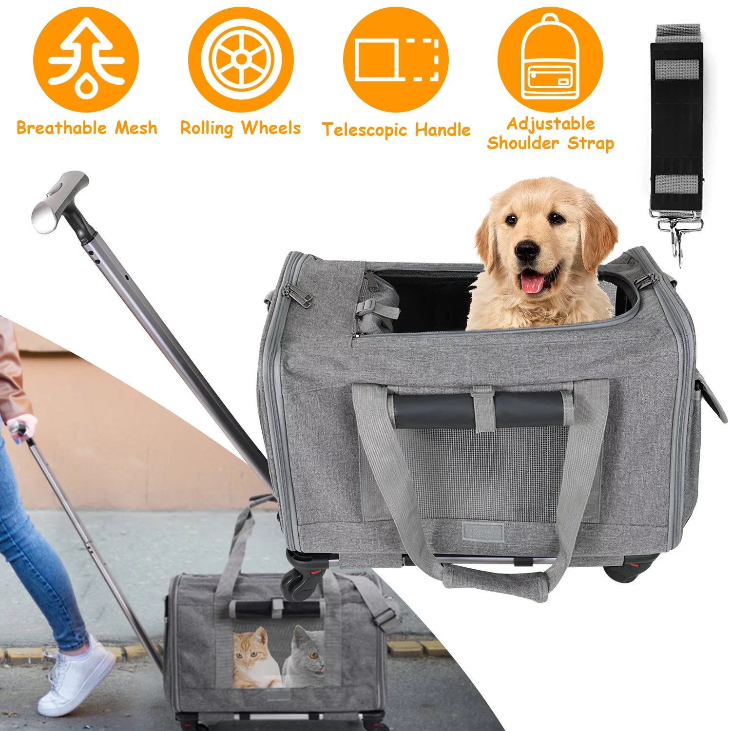 iMounTEK Cat Dog Carrier on Wheels Airline Approved Rolling Pet Carrier with Telescopic Handle Shoulder Strap, for Small Dogs Cats Grey